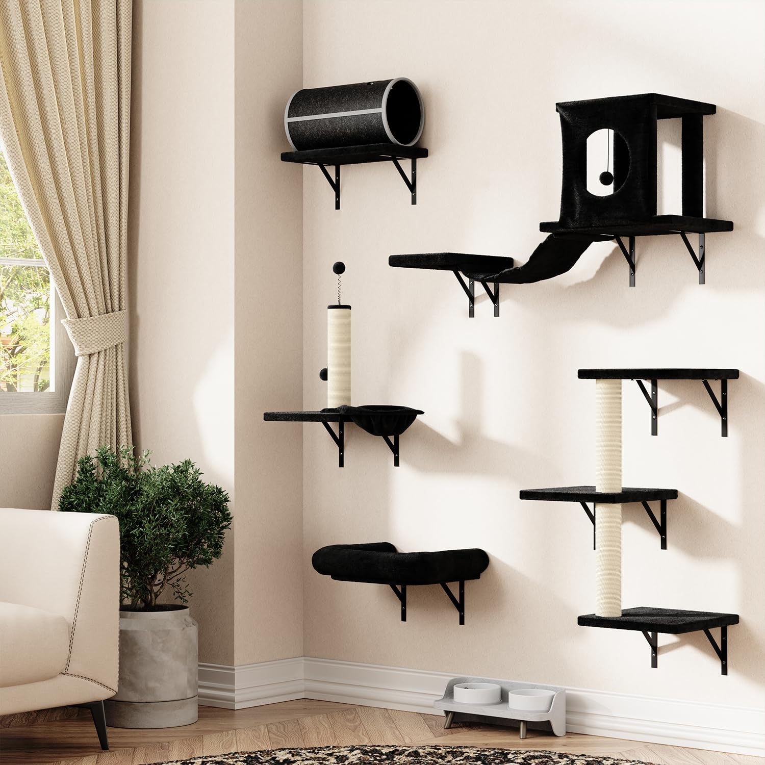 NUNU LAB 7-in-1 Wall Mounted Cat Climbing Set with Cat House, Tunnel, Bridge, Tree, Steps, Scratcher & Hammock - Luxury Indoor Cat Wall Furniture for Play, Rest & Exercise (Black) - Perfect for Small Spaces & Multi-Cat Homes