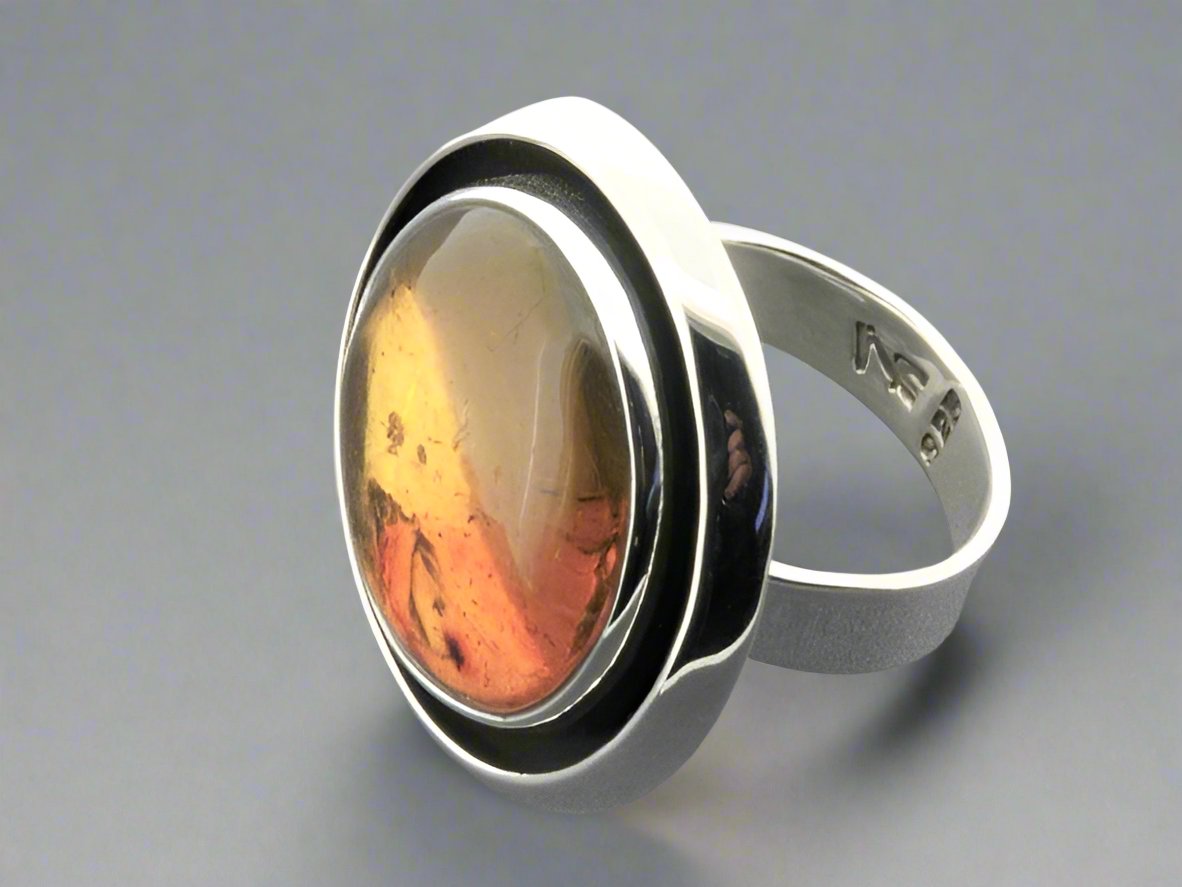 Vintage Double Bezel Ring with Genuine Amber & Oxidized Silver - Perfect for Boho, Gothic & Everyday Jewelry Styles