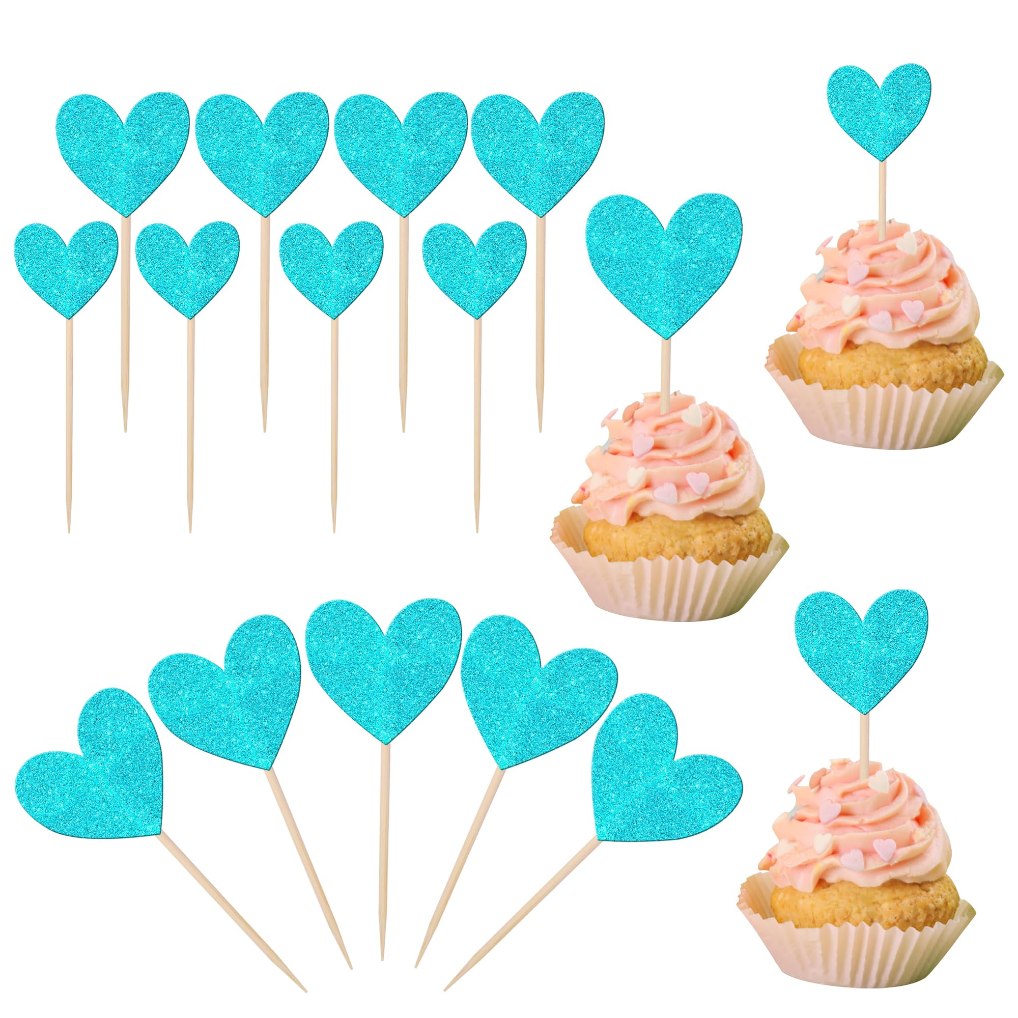 Rsstarxi 30 Pack Blue Glitter Heart Cupcake Toppers - Premium Food Picks for Baby Showers, Weddings, Bridal Showers, Birthday Parties & Valentine's Day - Perfect for Cake Decorations, Dessert Displays & Party Food Presentation
