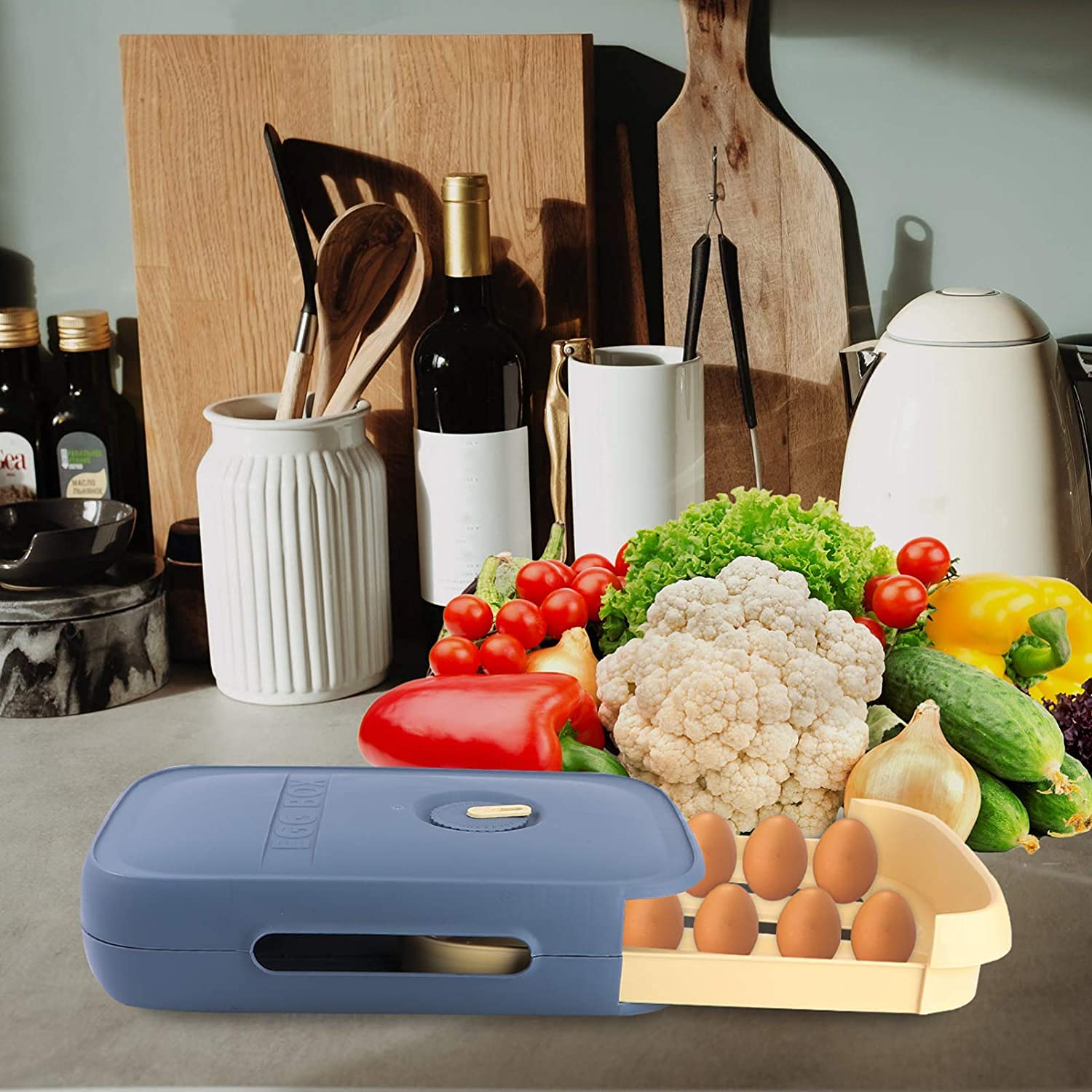 Coskira Plastic Egg Storage Container with Lid - Holds 18-21 Eggs, Drawer-Style Fridge Organizer for Kitchen Refrigerator (Blue) | Perfect for Keeping Eggs Fresh & Organized in Your Home Kitchen