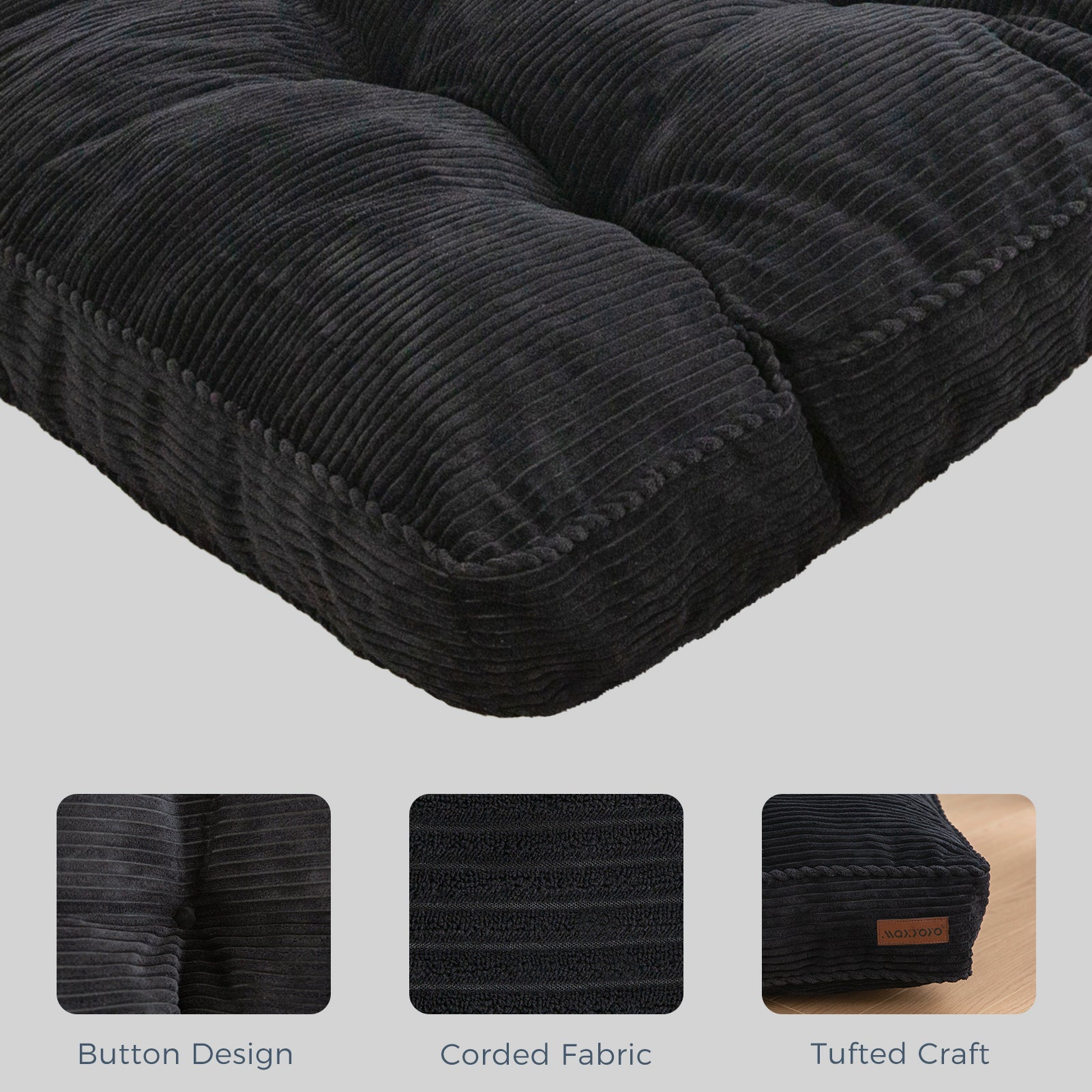 MAXYOYO 6-Inch Tufted Futon Sofa Couch Bed - Thick Corduroy Fabric Floor Futon Mattress for Adults (Mattress Only) in Black - Perfect for Small Spaces, Guest Rooms & Dorm Rooms