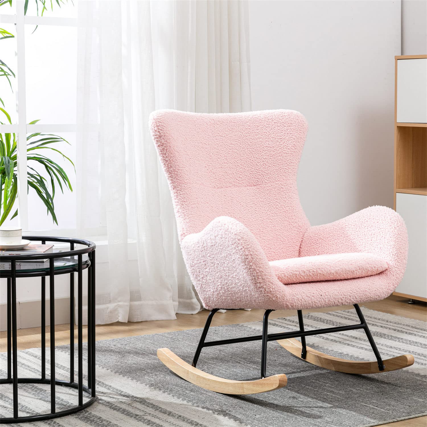 Comfortable Rocking Chair with Soft Teddy Fabric Padded Seat - Cozy Lounge Chair for Living Room, Bedroom, Nursery - Perfect for Relaxing, Reading & Nursing (Pink)