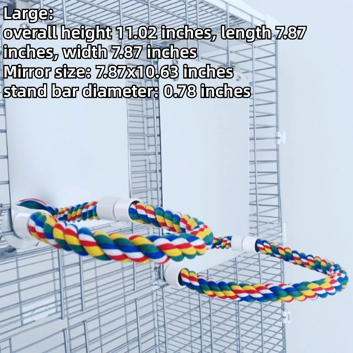Stainless Steel & Acrylic Bird Mirror with Colorful Cotton Rope Perch for Finches, Cockatiels, Parrots, Conures, Lovebirds, Canaries - Perfect for Bird Cages, Aviaries & Play Gyms