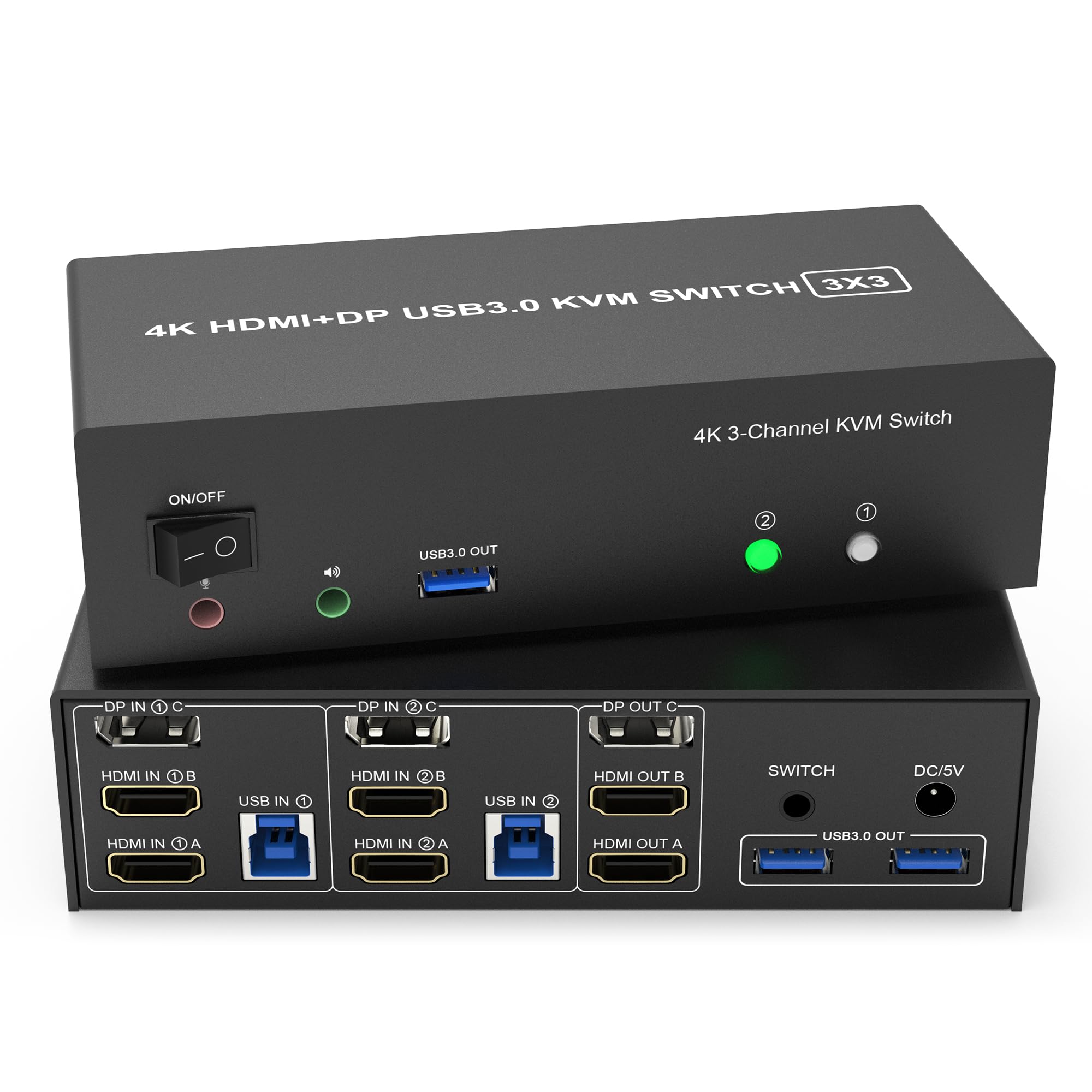 4K@60Hz Triple Monitor KVM Switch for 2 Computers - 2 HDMI & DisplayPort, USB 3.0 Hub, Audio/Mic Port - Share 3 Monitors Between 2 PCs - Ideal for Home Office, Gaming & Multi-Tasking Workstations