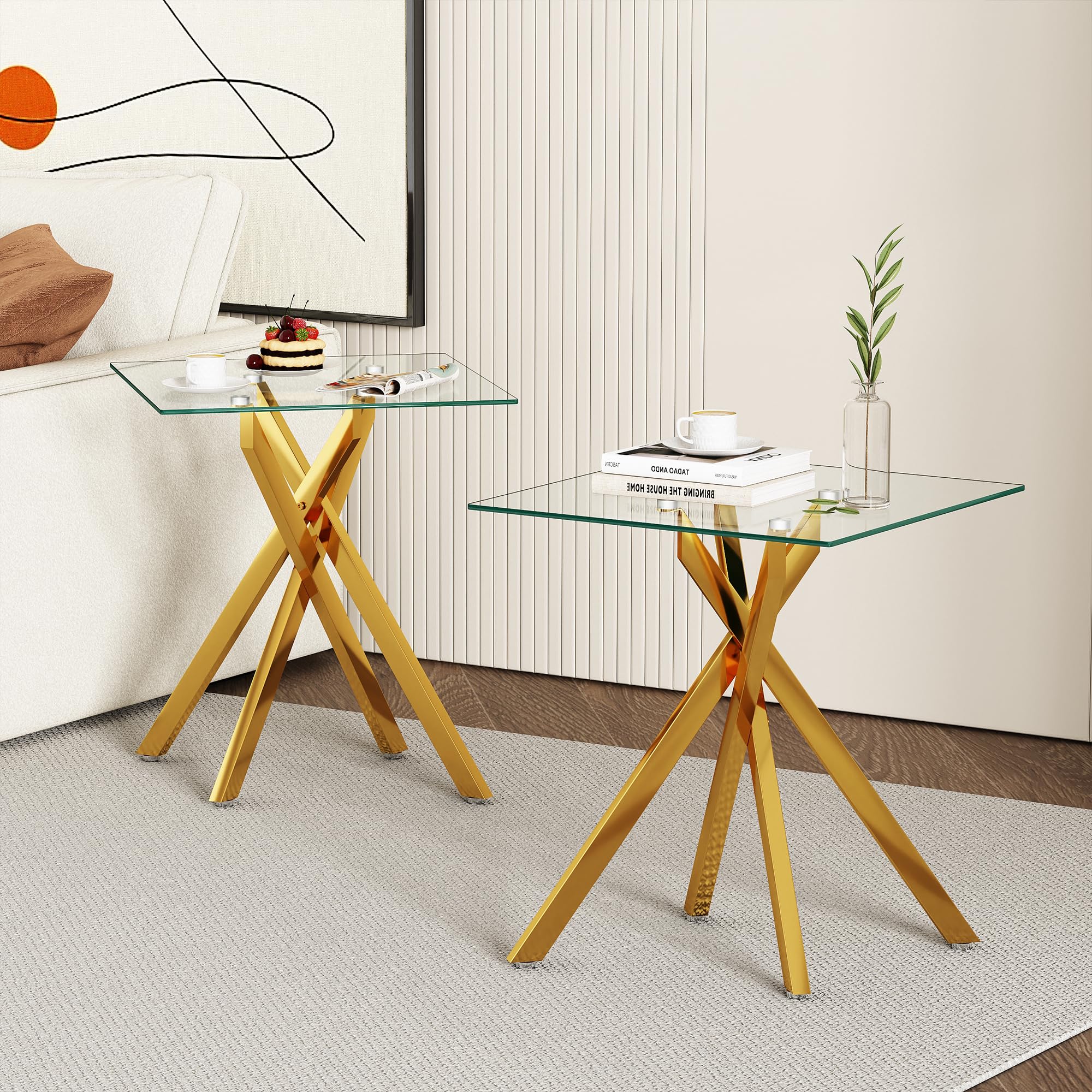 Modern Glass Gold Coffee Table Set of 2 - 47.2 Inch Clear Center Cocktail Tables with Stainless Steel Legs - Living Room, Lounge & Office Side/End Tables (Gold, 2-Piece Set) for Home Decor & Entertaining