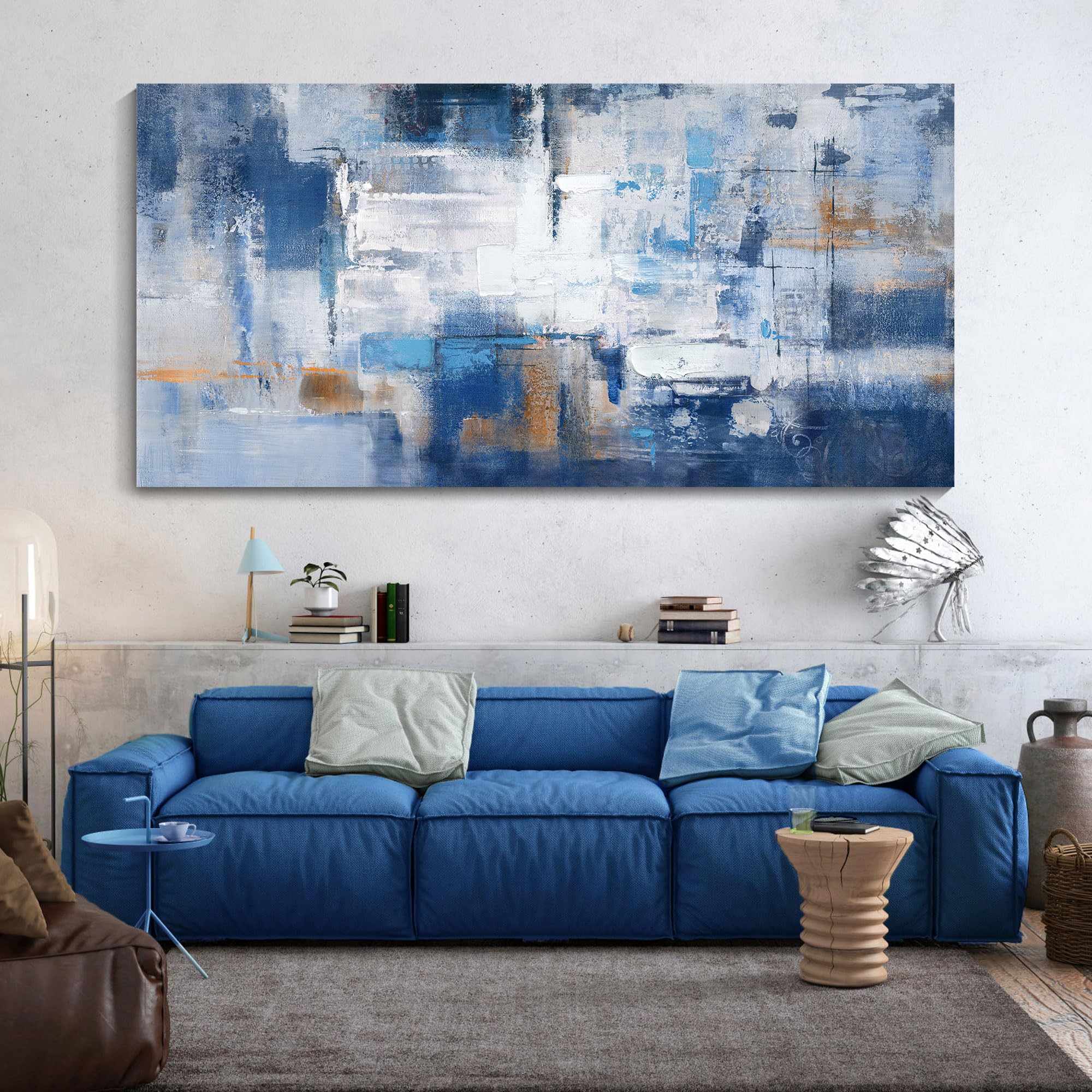 KLAKLA Abstract Blue and White Canvas Wall Art - Modern Large Painting for Living Room, Bedroom & Office Decor | Perfect for Home, Office & Gallery Spaces