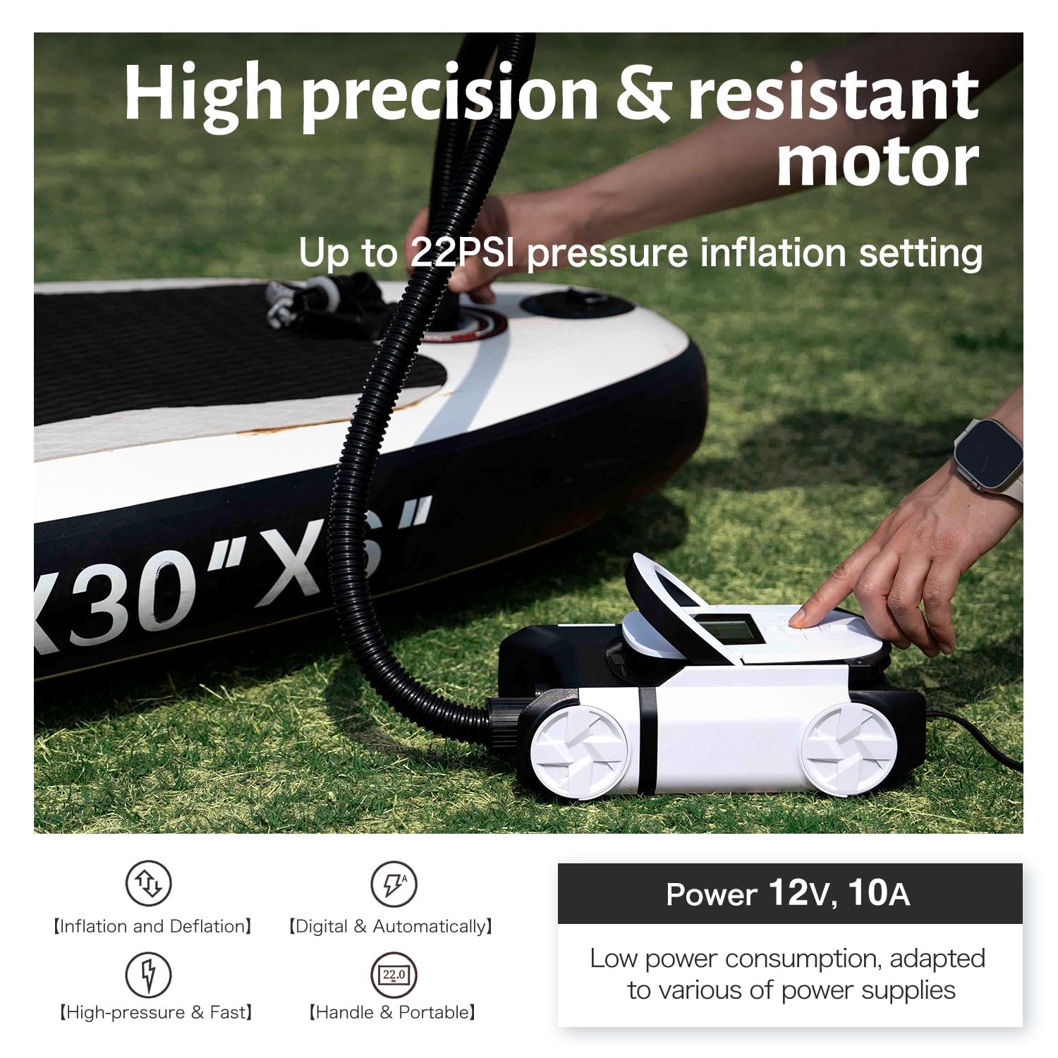 **Dual Motor Electric Air Pump for Inflatable SUP, Kayak & Boat - 22PSI High Pressure, Auto-Off Function, 12V DC Car Power Connector - Perfect for Beach, Lake & Outdoor Water Sports**