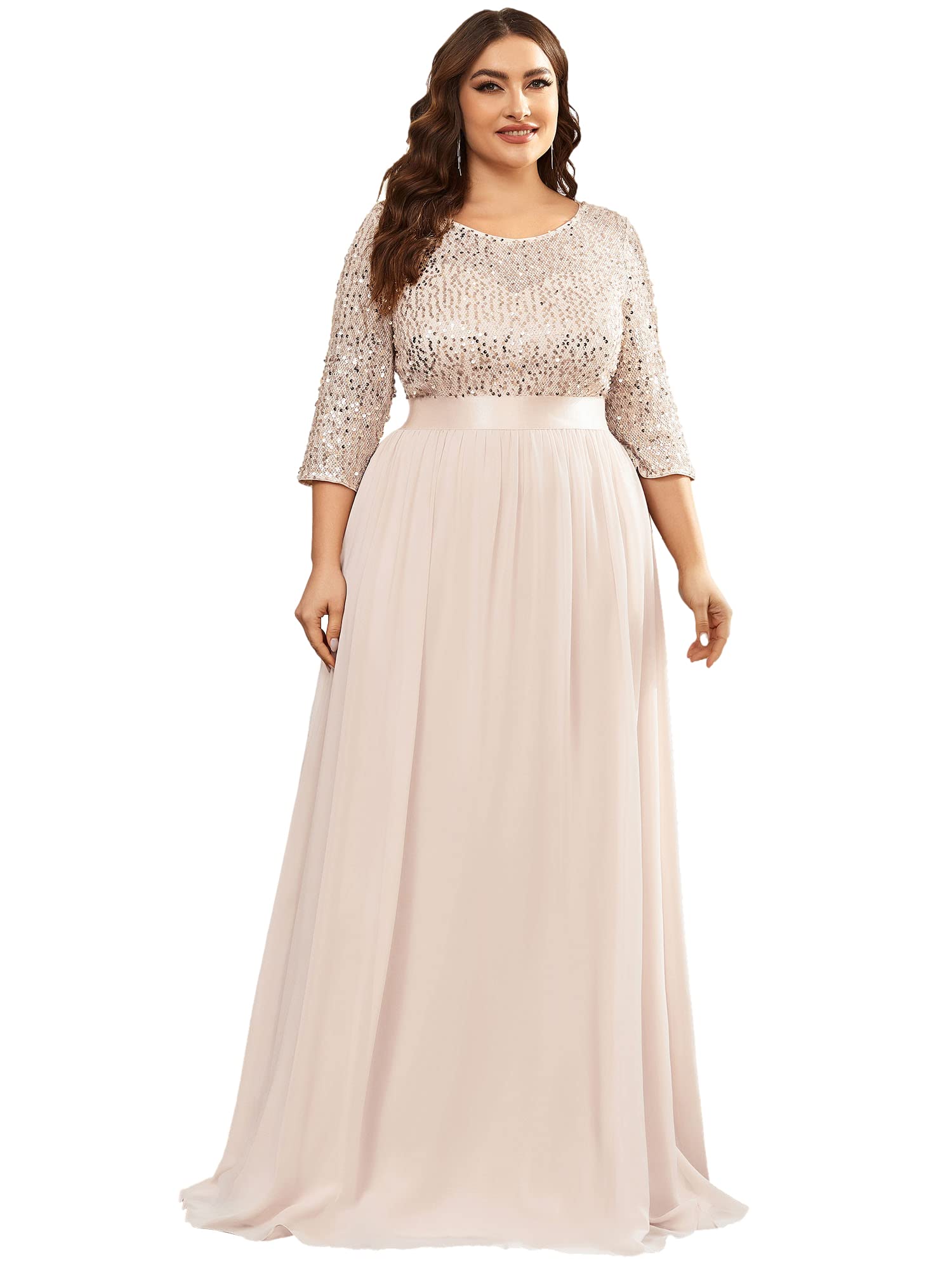 Ever-Pretty Women's Sequin Round Neck Maxi Dress Plus Size Formal Gown for Special Occasions - Elegant Evening Wear for Weddings, Parties & Prom