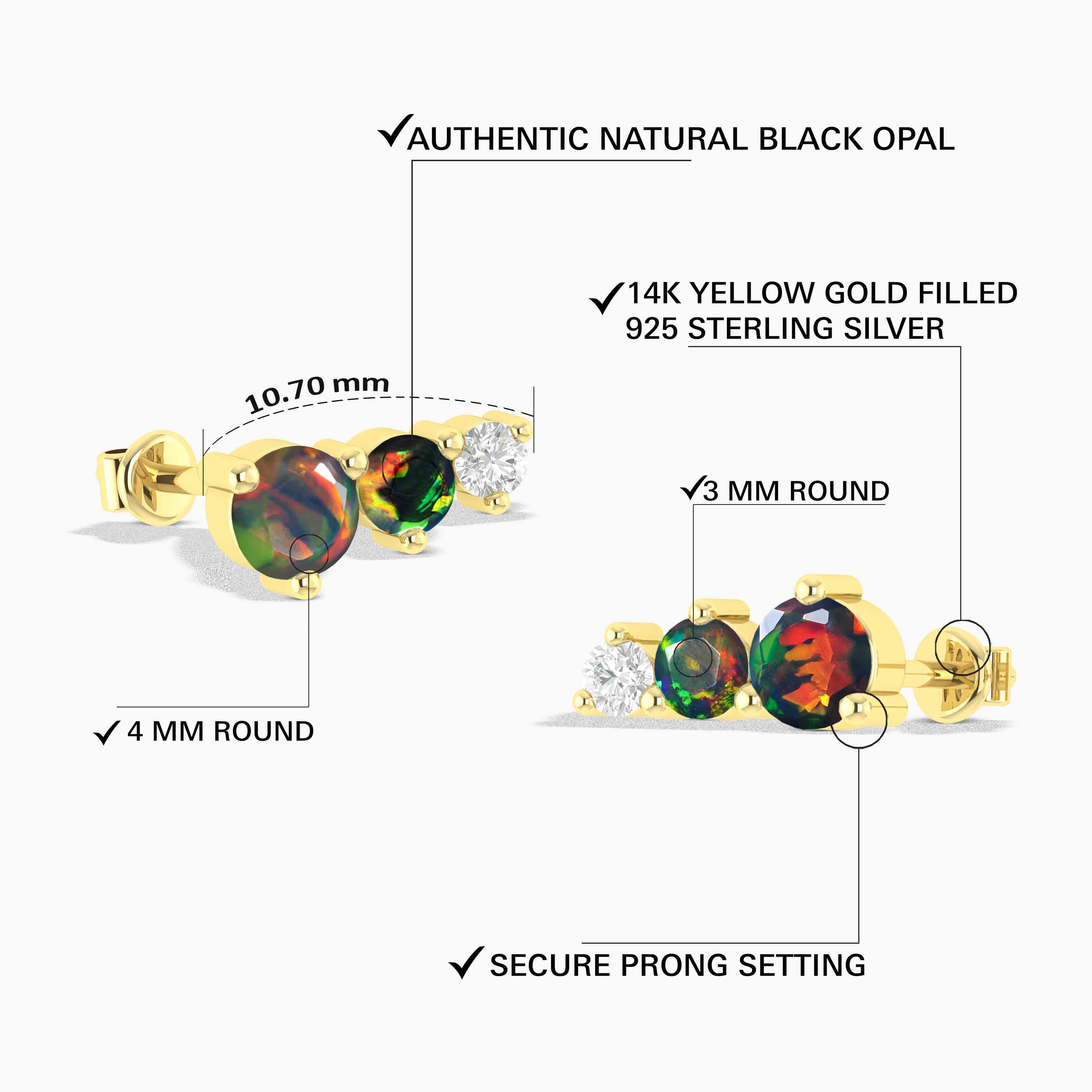 Black Opal Stud Earrings for Women - 3-Piece Round Gemstone Jewelry Set for Everyday Wear & Special Occasions