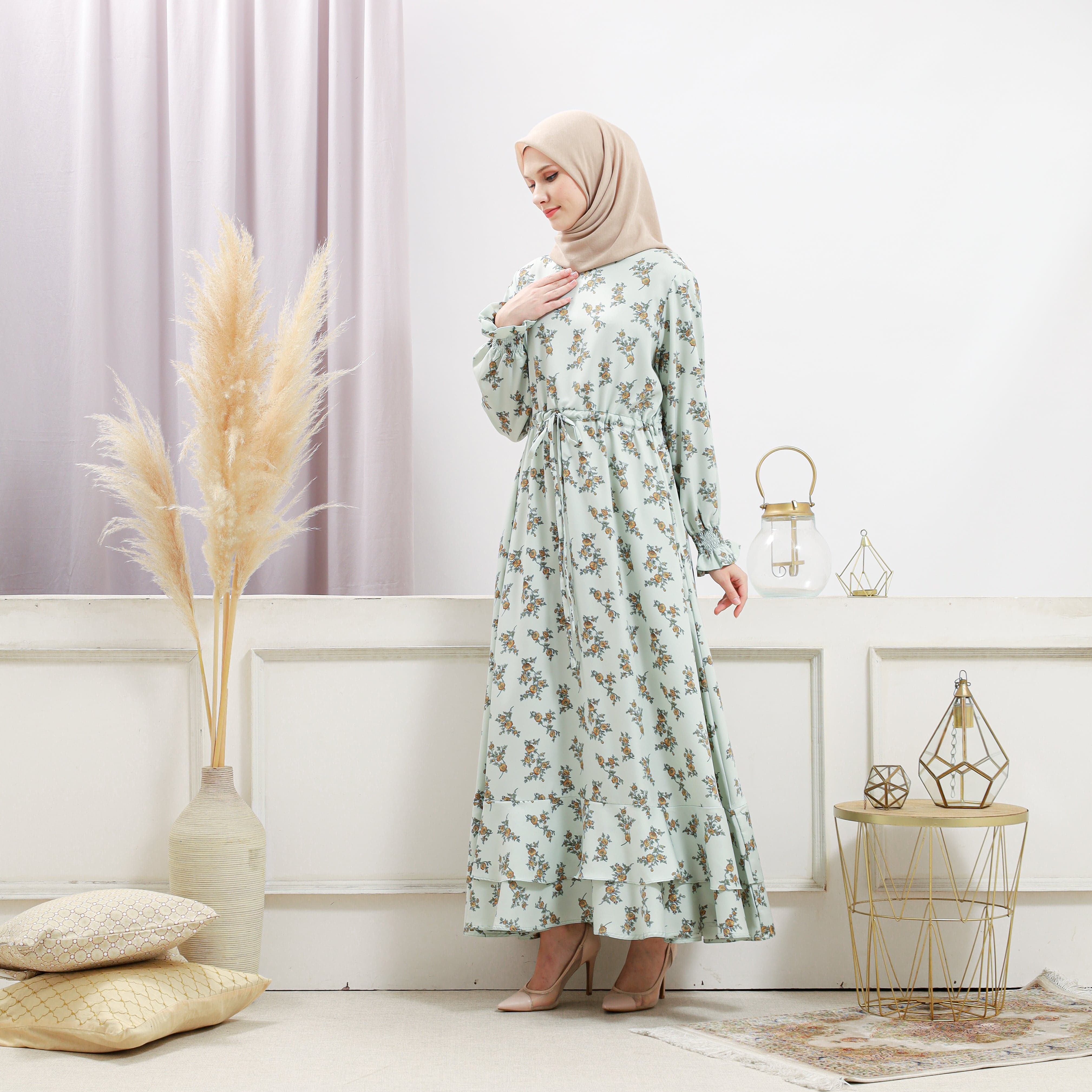 Women's Light Green Floral Dress - Summer Casual Midi Dress with Short Sleeves & Flowy Skirt | Perfect for Beach Vacations, Brunch Dates & Outdoor Weddings