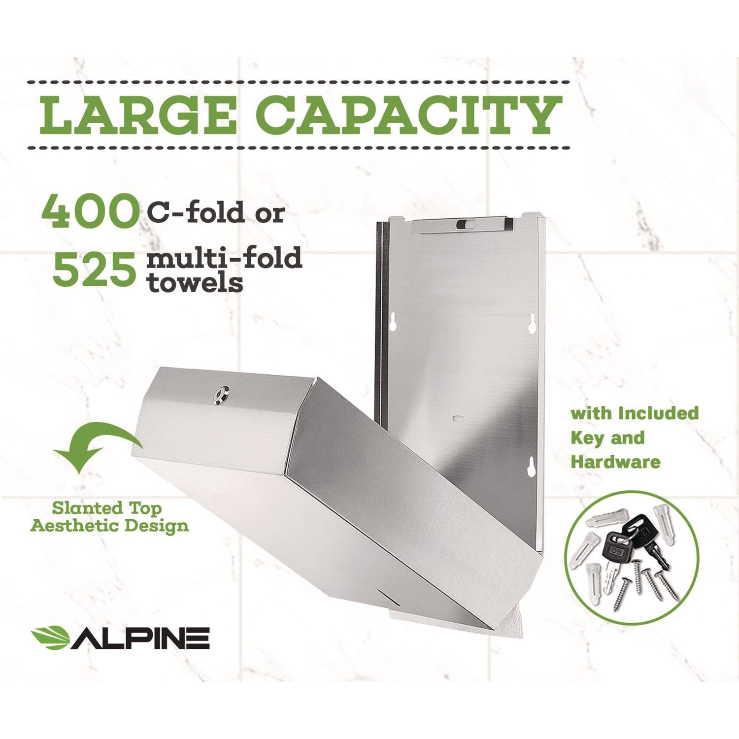 Alpine Industries Commercial Grade Stainless Steel Paper Towel Dispenser - Vertical C Fold & Multi Fold Towel Holder (14.5