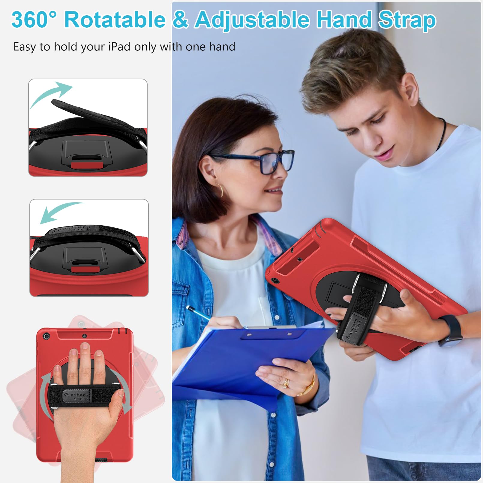 Premium Shockproof Case for iPad 6th/5th Gen & iPad Air 2 (9.7 Inch 2018/2017 Models) - Heavy Duty TPU Cover with Built-in Screen Protector, Stand, Handle, Shoulder Strap & Apple Pencil Holder (Red) - Perfect for Work, School, Travel & Outdoor Activities