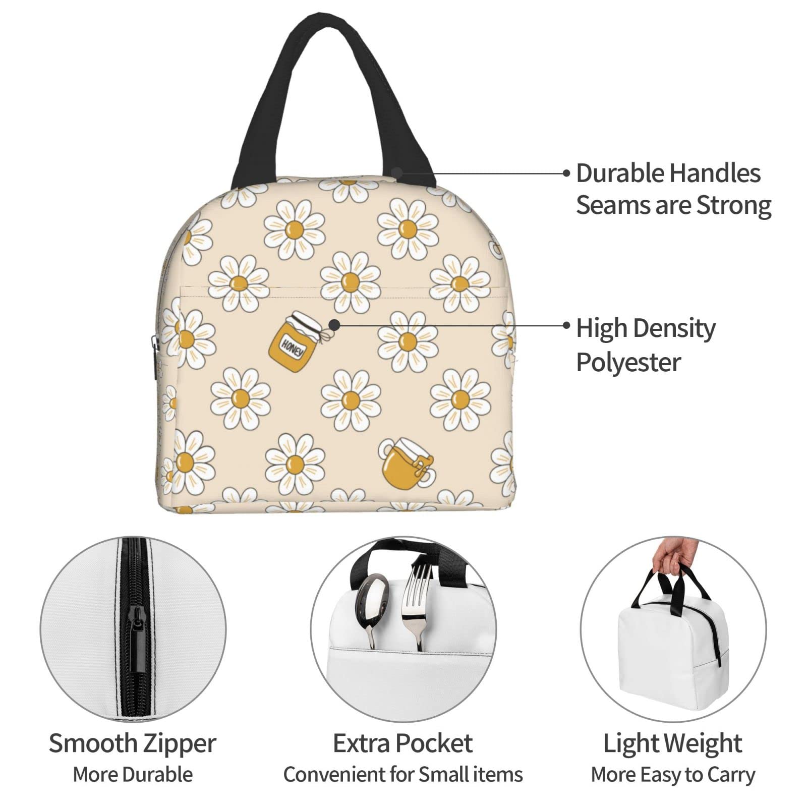 **Insulated Lunch Bag with Cute Daisy Print - Reusable & Leak-Proof Lunch Box for Work, School, Travel & Picnic - Portable Meal Container for Men & Women**    *(Perfect for office meals, school lunches, outdoor picnics, and travel snacks!)*