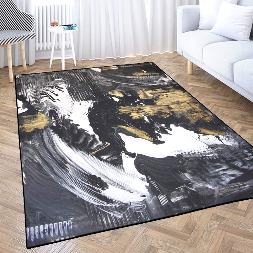 TOMWISH Abstract Hand Painted Black and White Area Rug with Gold Accents - 5'x7' Modern Living Room Carpet, Bedroom Floor Decor, Dorm Rug for Stylish Home & Office Spaces
