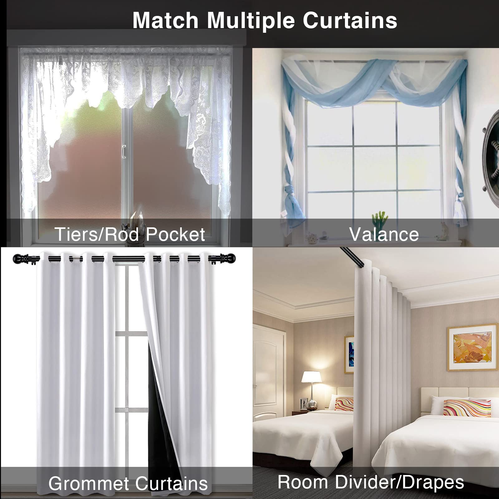 1 Inch Black Long Curtain Rods for Windows 26-144 Inches - Heavy Duty Small Decorative Window Curtain Rod Set with Brackets & Hardware for Drapes, Bedroom, Sliding Glass Door - Perfect for Living Room, Nursery & Home Decor