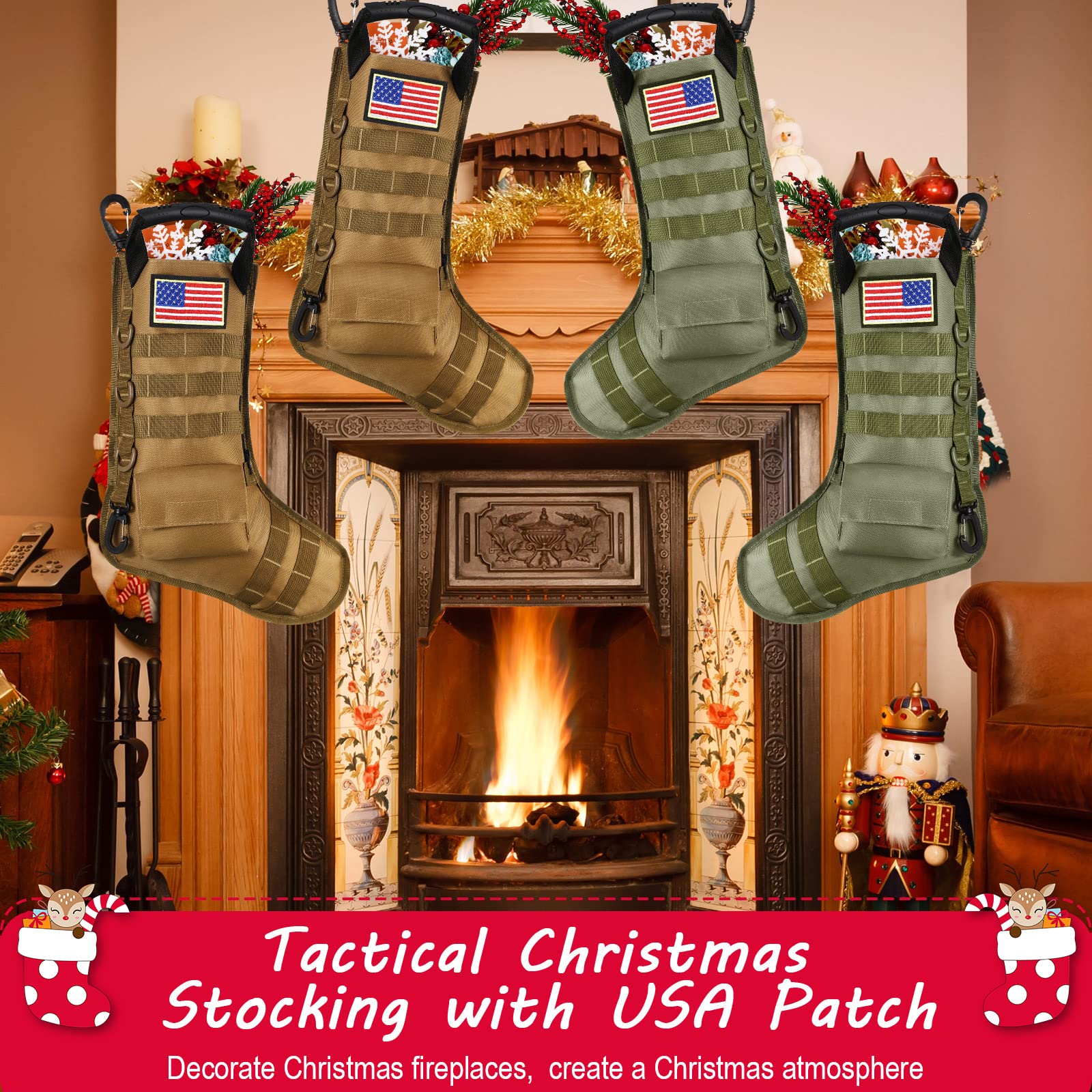 WILLBOND 2 Pack Tactical Military Christmas Stockings with American Flag Patches - MOLLE Compatible Gear Pouch for Holiday Decorations, Xmas Tree Ornaments & Home Decor (Bright Style) - Perfect for Military-Themed Christmas, Soldier Gifts & Patriotic Holiday Decor