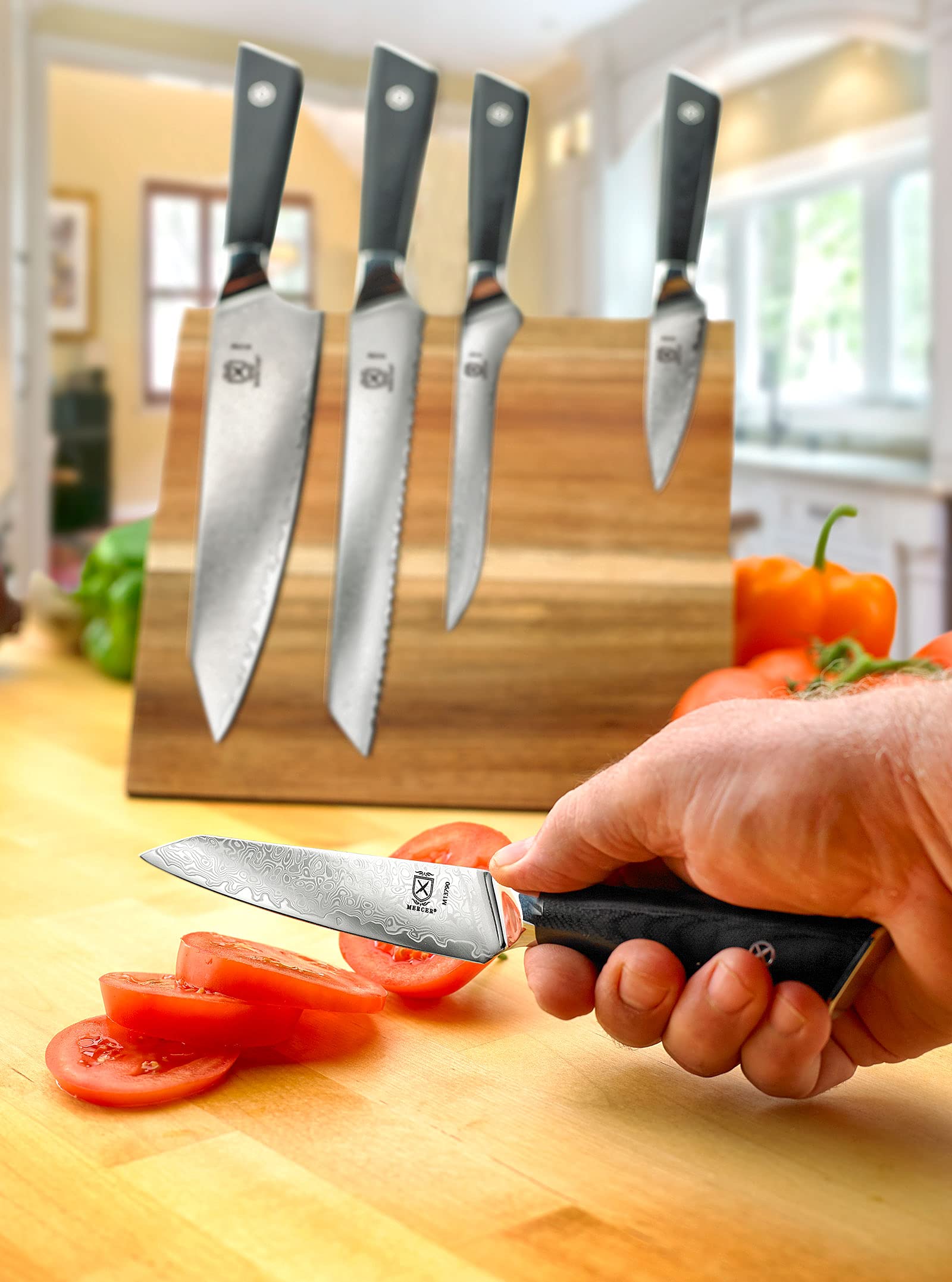 Premium 6-Piece Mercer Culinary Knife Set with G10 Handles & Magnetic Acacia Wood Stand - Professional Grade Super Steel Kitchen Cutlery for Chefs & Home Cooking - Perfect for Slicing, Dicing & Food Prep
