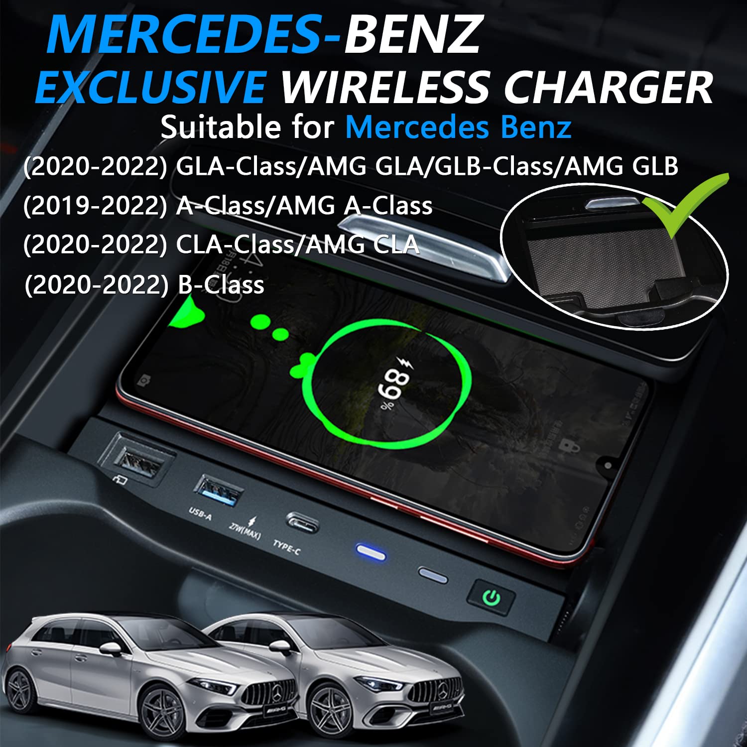 Wireless Car Charger for Mercedes-Benz A-Class & GLA-Class (2020-2022) - 15W Fast Charging Pad | Qi-Certified Phone Charger for iPhone & Android | Perfect for Road Trips & Daily Commute