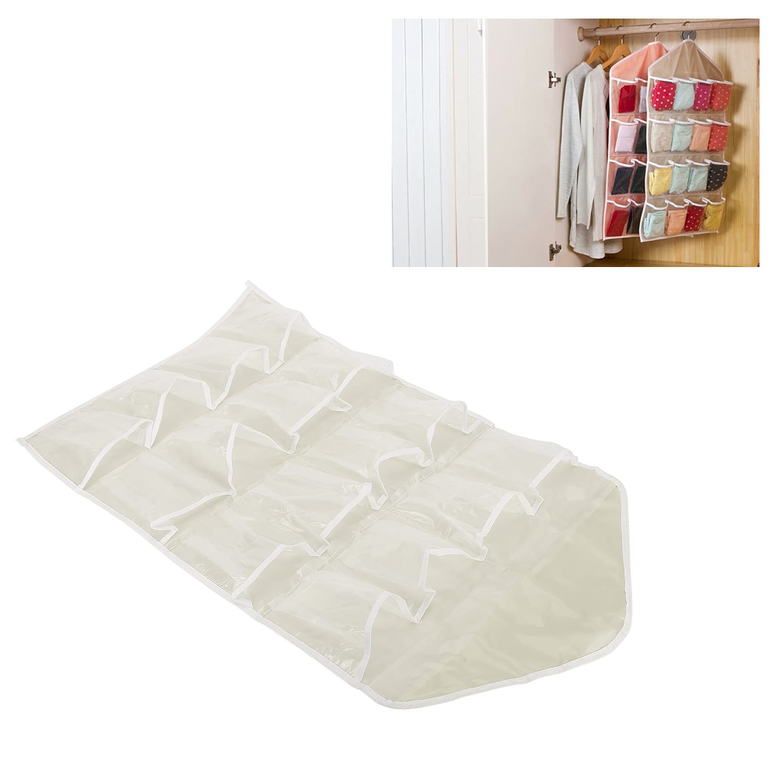 Multi-Pocket Underwear Hanging Organizer - 16 Clear Storage Bags for Socks, Bras & Clothes | Space-Saving Closet Organizer for Bedroom & Dorm | Beige Fabric Hanging Shelf for Wardrobe Organization