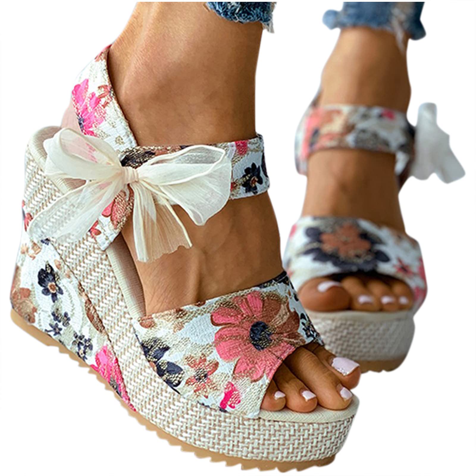 Trendy Women's Open Toe Tie-Up Espadrille Wedge Sandals with Floral Design - Comfortable Slide Wedges for Summer Beach, Vacation & Casual Outfits