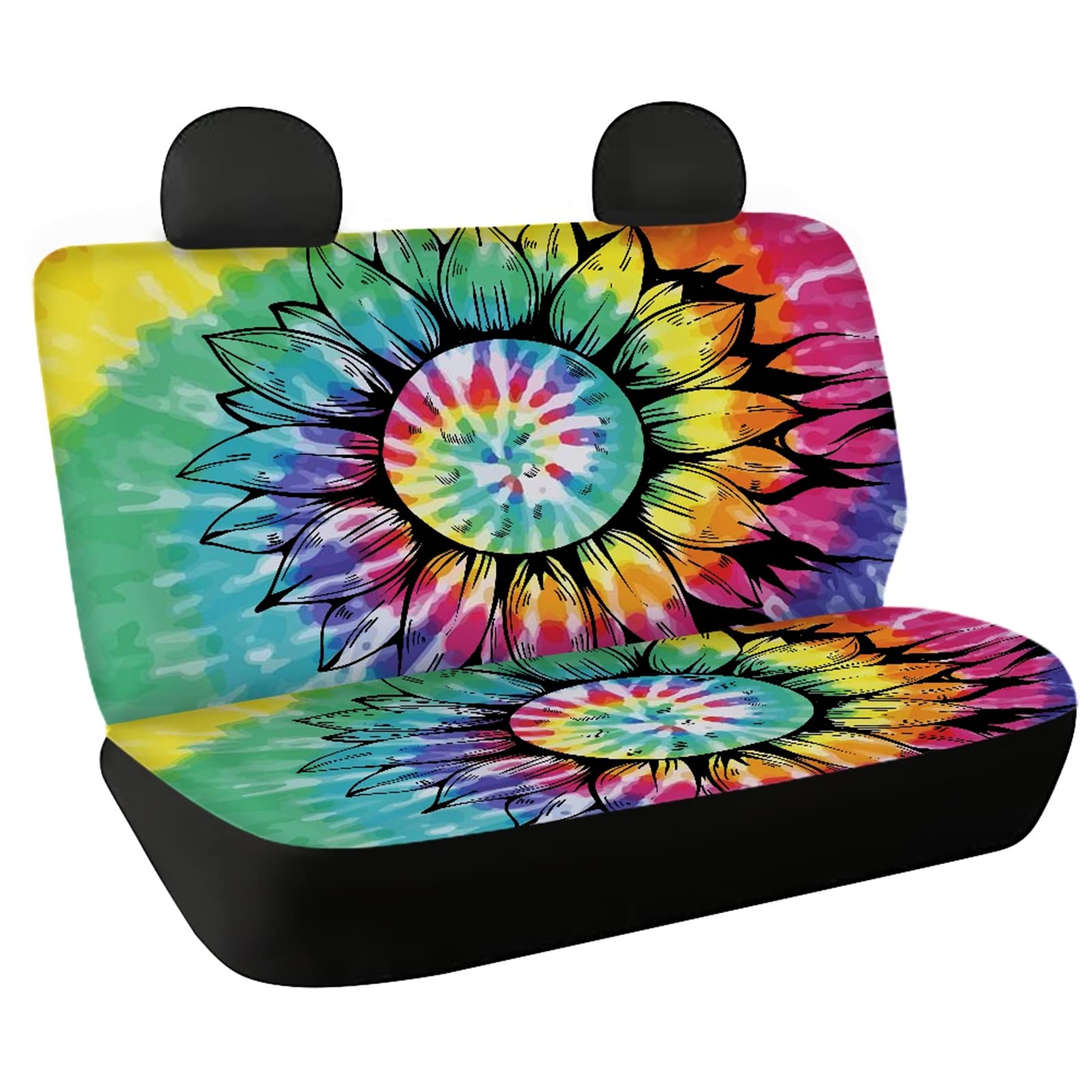 FUSURIRE Tie Dye Bench Dog Car Seat Cover - Sunflower Print Universal Fit for Cars, SUVs & Sedans | Waterproof Pet-Friendly Back Seat Protector | Interior Decor Accessory for Comfort & Style | Perfect for Road Trips, Pet Travel & Daily Commutes
