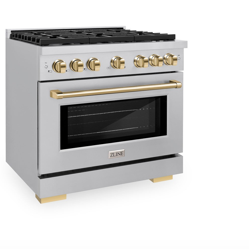 ZLINE Autograph Edition 36-inch 5.2 cu. ft. Dual Fuel Range with 6-Burner Gas Cooktop & Electric Convection Oven - Stainless Steel with Polished Gold Accents (SDRZ 36 G) - Perfect for Professional Home Chefs & Modern Kitchens