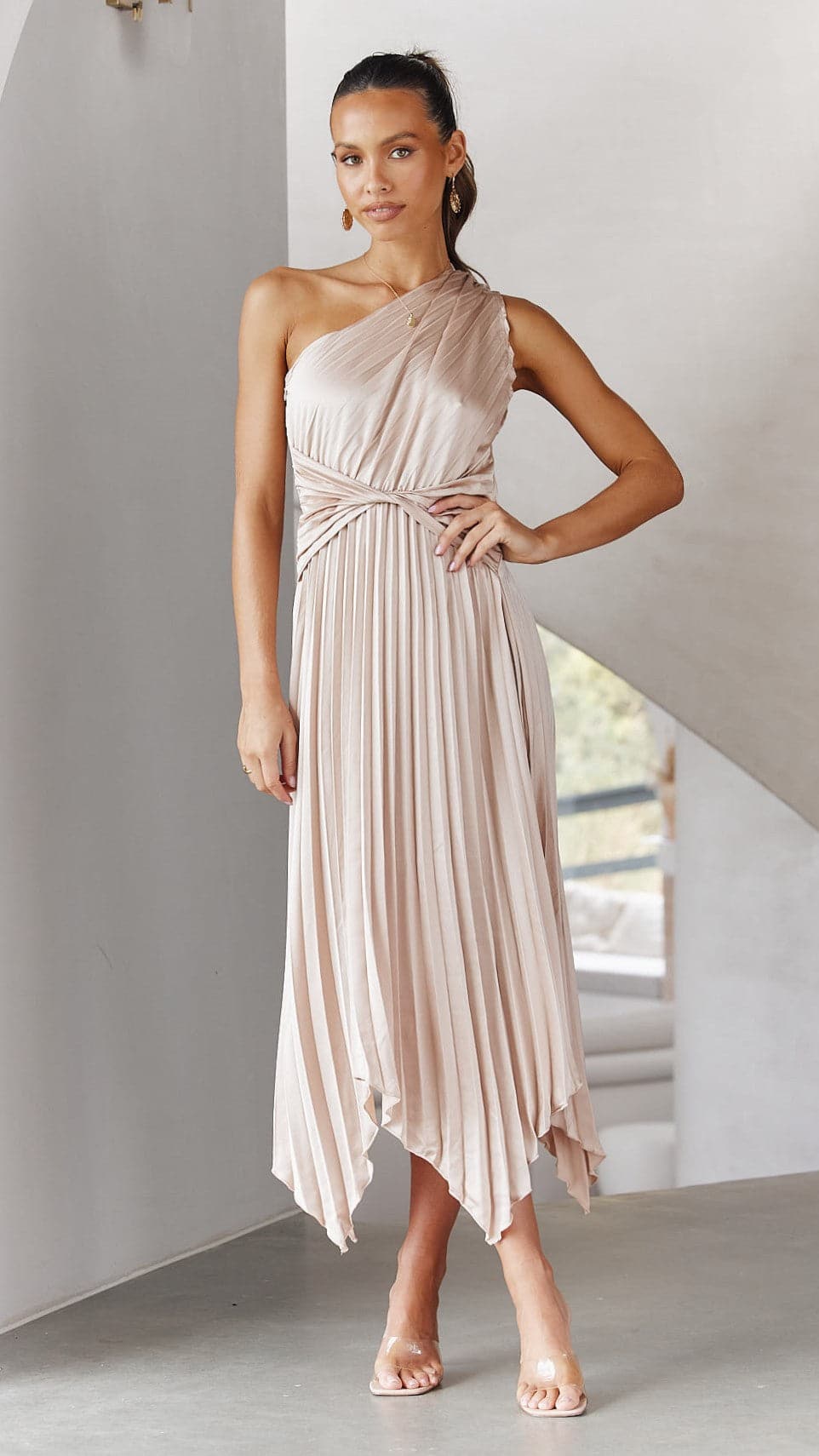 Elegant One Shoulder Midi Dress in Champagne - Perfect for Cocktail Parties, Weddings & Evening Events