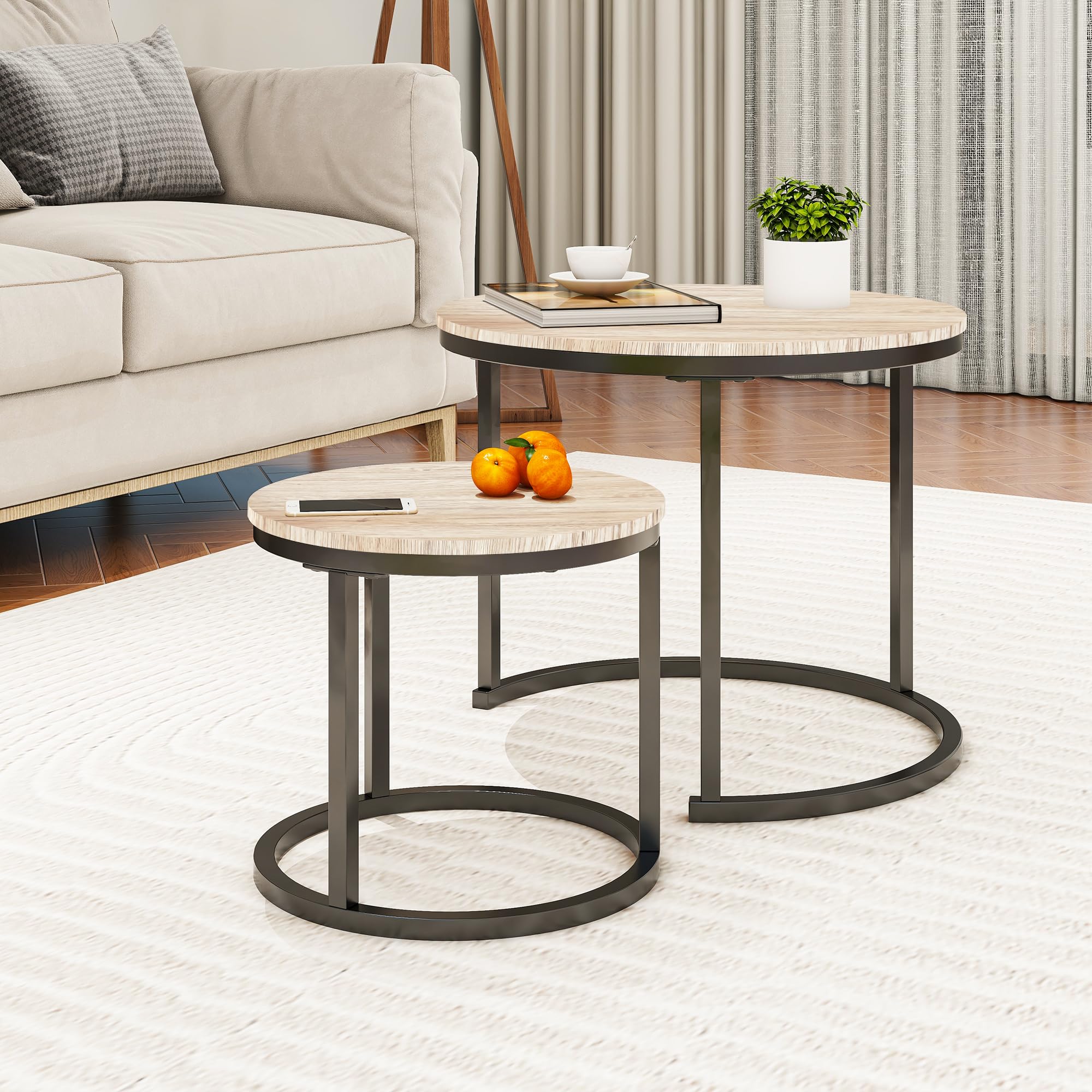 Modern Round Nesting Coffee Table Set of 2 - Solid Wood Top with Powder-Coated Metal Frame in Black/White Oak - Perfect for Living Room, Lounge, or Bedroom Side Tables