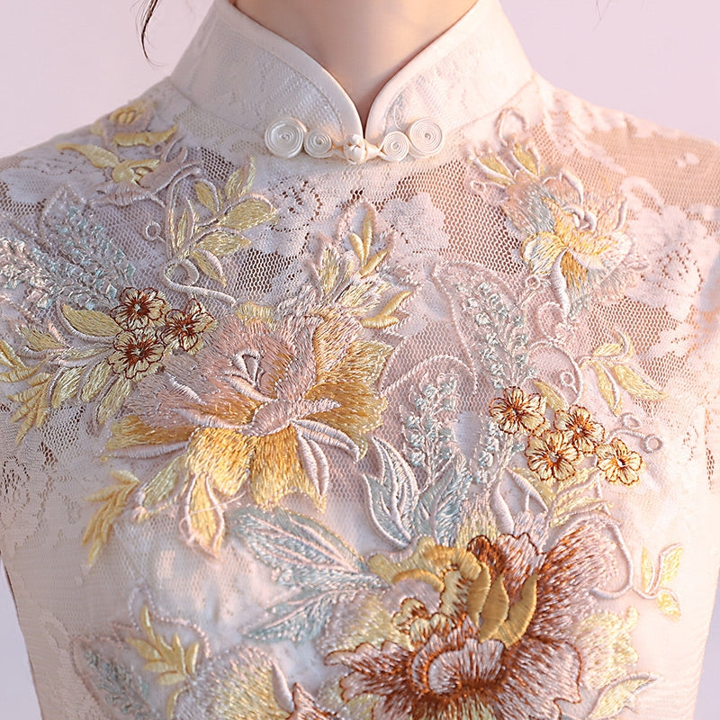 Elegant Embroidered A-Line Bridesmaid Qipao Cheongsam Dress - Perfect for Weddings, Parties & Chinese New Year Celebrations