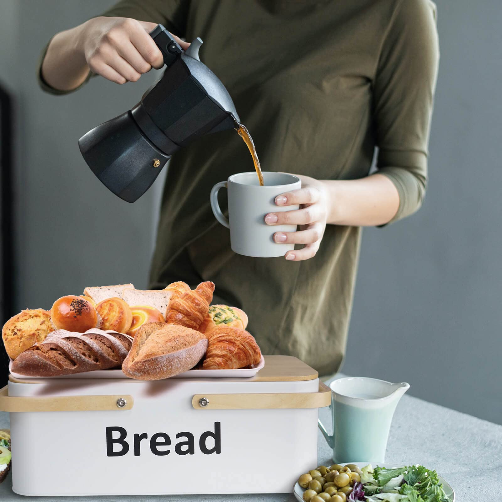 Large Metal Bread Box with Bamboo Lid - Kitchen Counter Organizer for Bread Storage | Modern Food Container with Handle for Home, Camping & Outdoor Use (White)