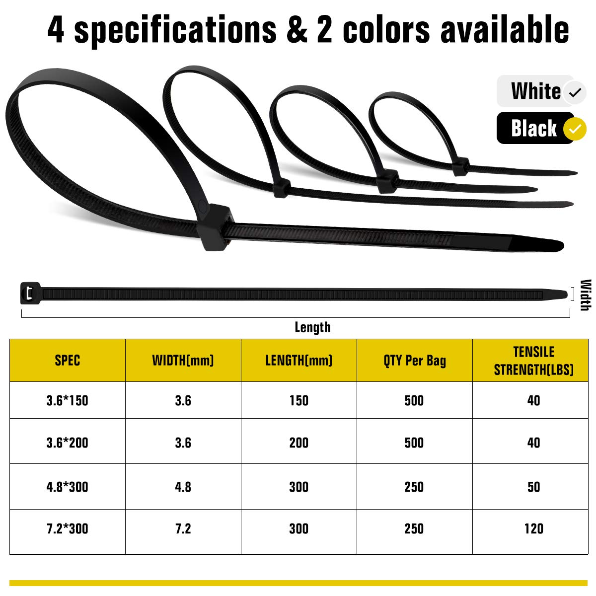 Hannord 100-Pack UV Resistant Nylon Cable Zip Ties - Self-Locking 3.6mm x 300mm/250mm/200mm/150mm Black Multipurpose Wire Ties - Perfect for Organizing Cables, DIY Projects, Home & Office Use