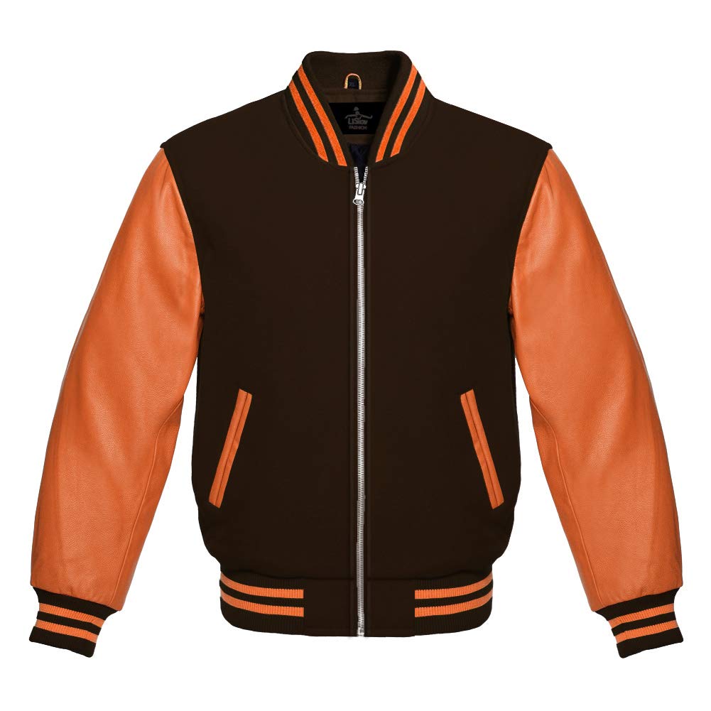 Varsity Baseball Letterman Jacket - Premium Wool Body & Genuine Orange Leather Sleeves - Zippered Bomber Style for High School & College - Perfect for Sports Teams, Letter Awards & Casual Wear