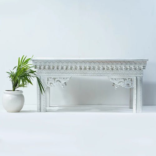 Hand Carved White Console Table - Solid Wood Entryway Table for Hallway, Living Room & Foyer Decor | Farmhouse Style Sofa Table with Storage Shelf