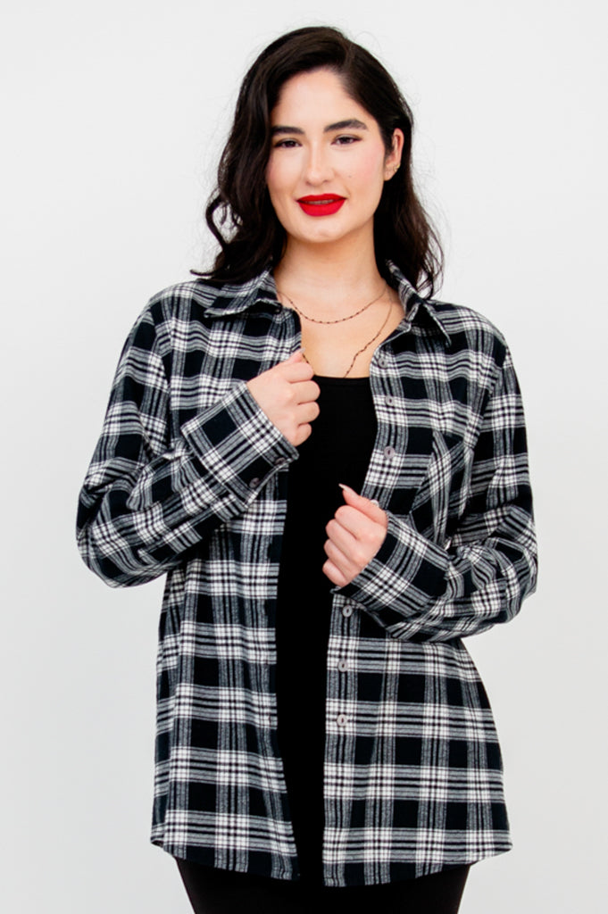Georgia Top Women's Fashion - Soft Cotton Basalt Plaid Blouse for Casual Wear & Office Outfits