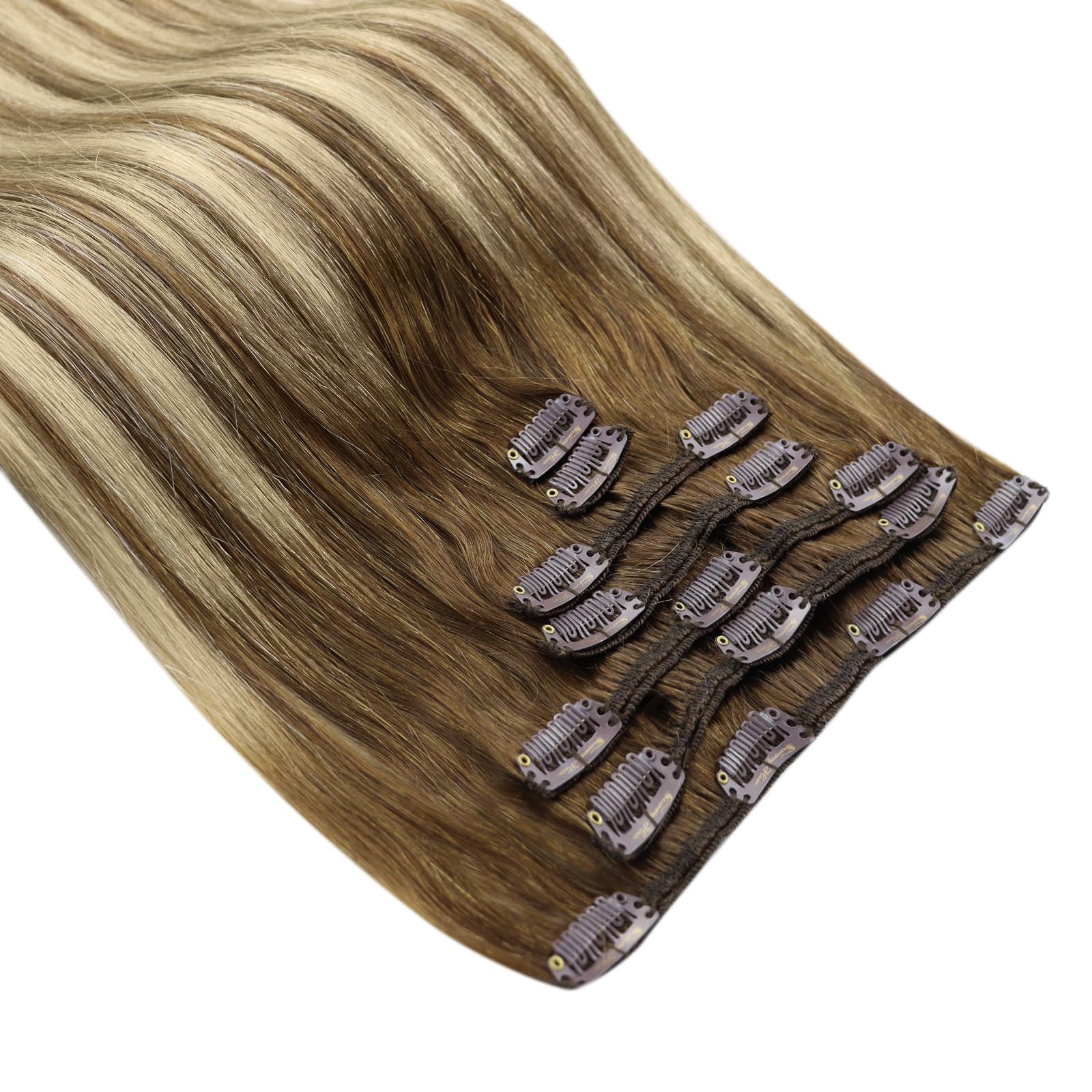 Ve Sunny 18 Inch 7-Piece Clip-In Human Hair Extensions - Balayage Chestnut Brown to Blonde Ombre, Double Weft Remy Hair (120g) for Volume & Length - Perfect for Parties, Weddings & Everyday Styling