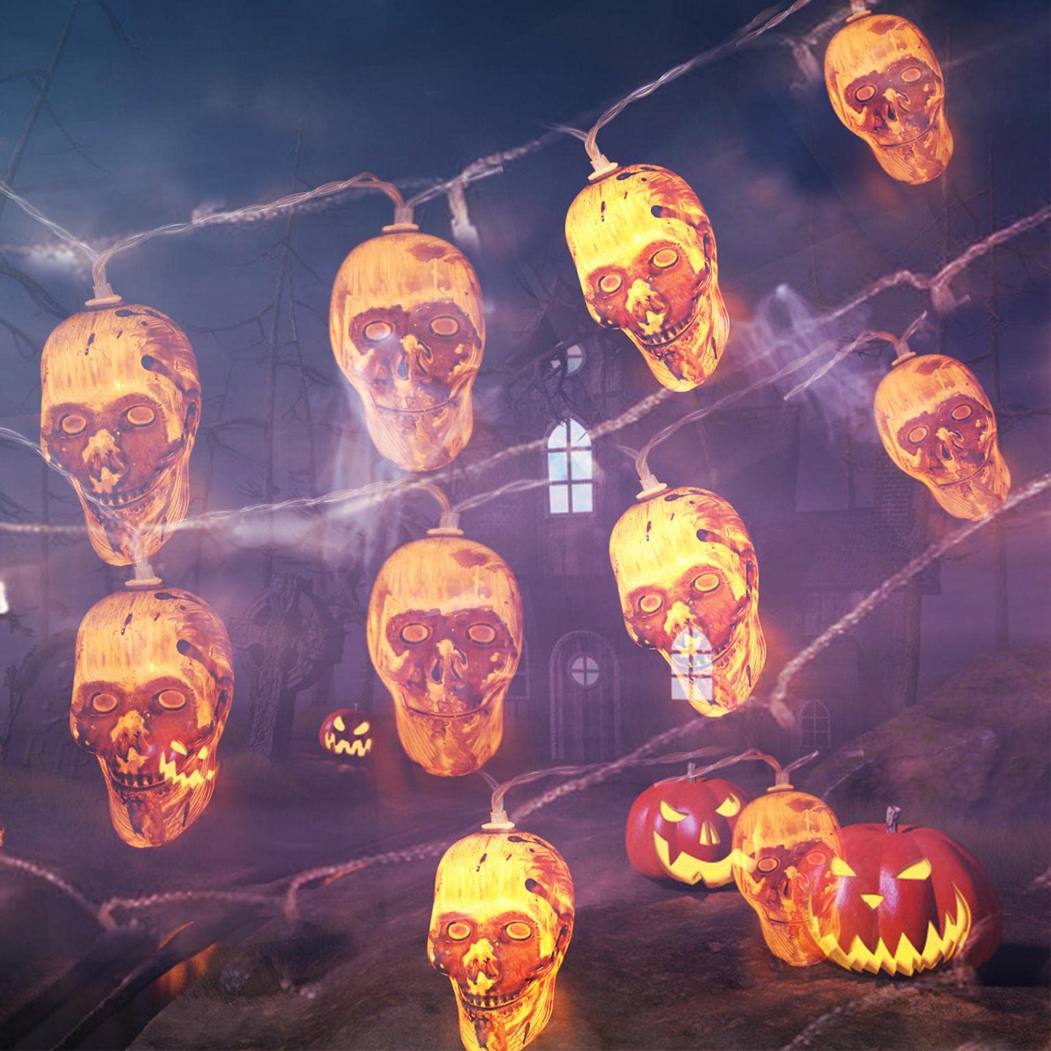 20 LED Halloween Skeleton Skull String Lights - Battery Powered Ghost Lights for Party, Patio, Indoor & Outdoor Decor - Perfect for Halloween Party, Home Decoration, Yard, Garden & Holiday Festivities
