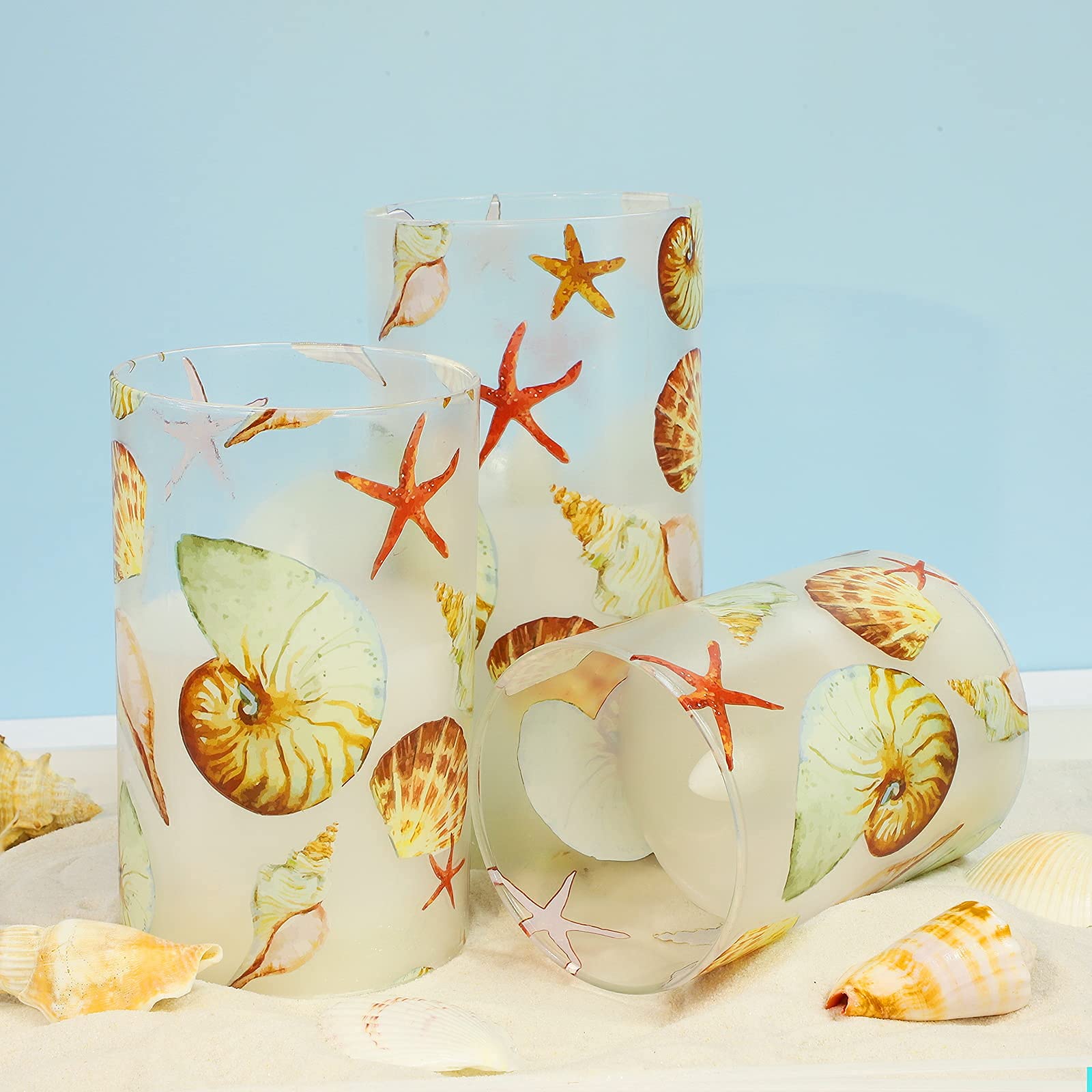 Remote Control LED Battery Operated Candles Set of 3 - Real Wax Ocean Decor with Shell & Starfish for Fireplace, Christmas, Bedroom, Nautical Theme Party & Home Decor | Flameless Safe Lighting for Romantic Ambiance
