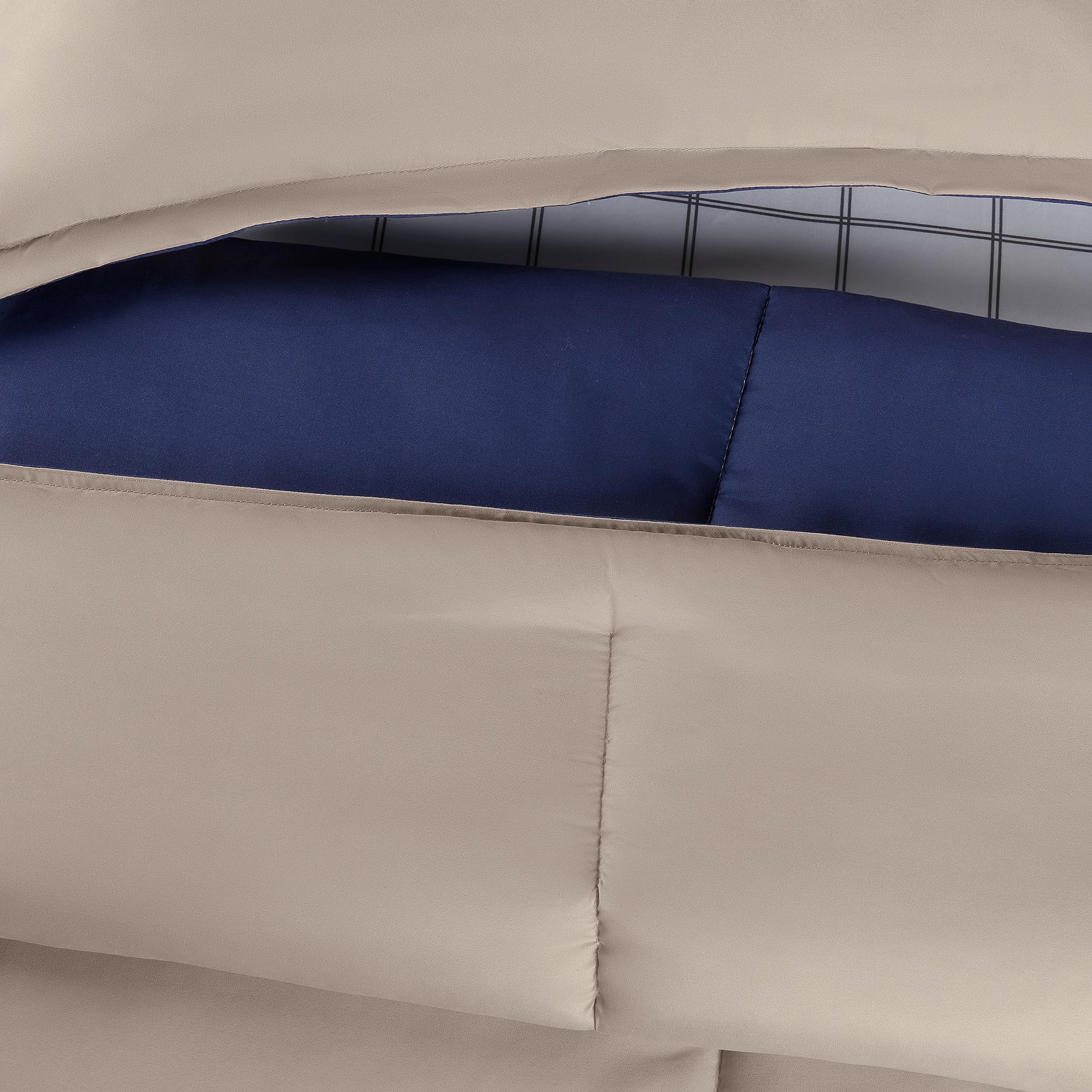 Serta Simply Clean Complete 7-Piece Hypoallergenic Reversible Bed in a Bag Set with Sheets & Pillowcases - Full Size, Khaki/Navy - All-Season Comfort for Dorms, Guest Rooms & Apartments