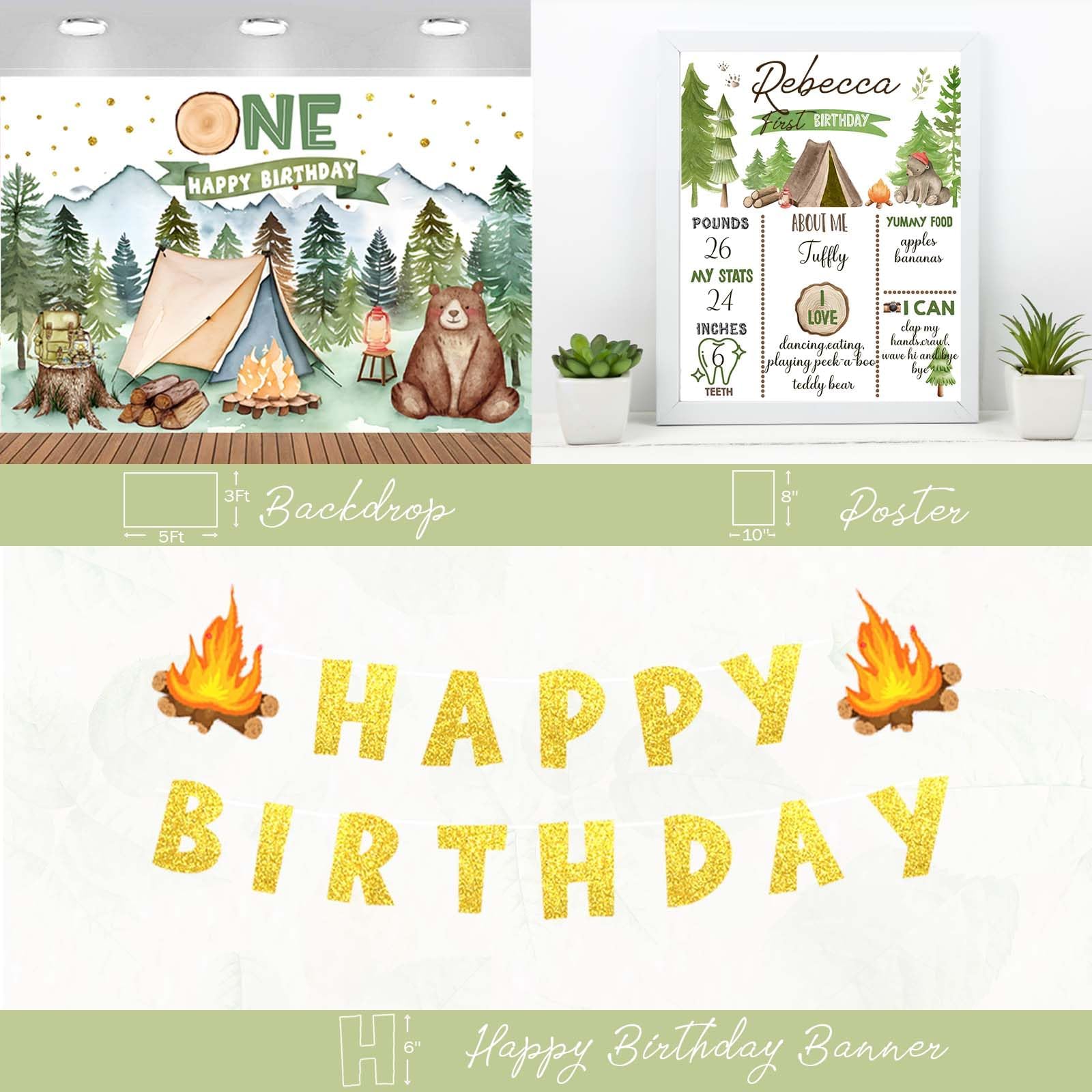 One Happy Camper Birthday Decorations - First Birthday Party Supplies for Boys with Camping Theme, Backdrop, Balloon Garland, Photo Banner, Cake Topper, Box Cutout, Crown & Poster | Perfect for Forest Tent Themed 1st Birthday Celebrations & Outdoor Adventure Parties