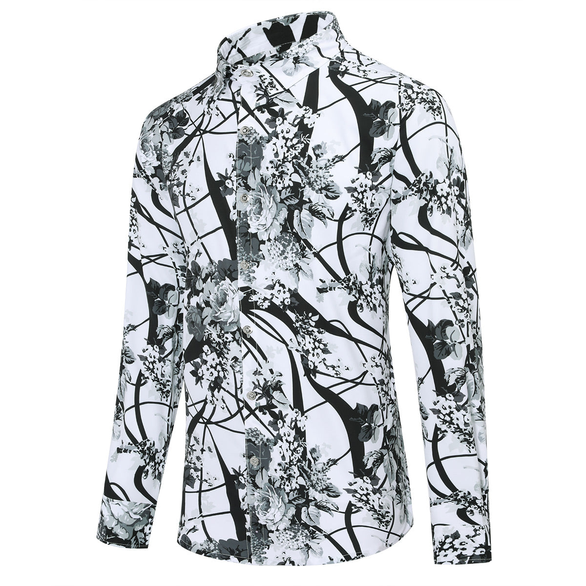 Slim Fit White Plum Blossom Print Shirt for Men - Casual Black Button Down Shirt for Office, Date Night & Spring Outfits