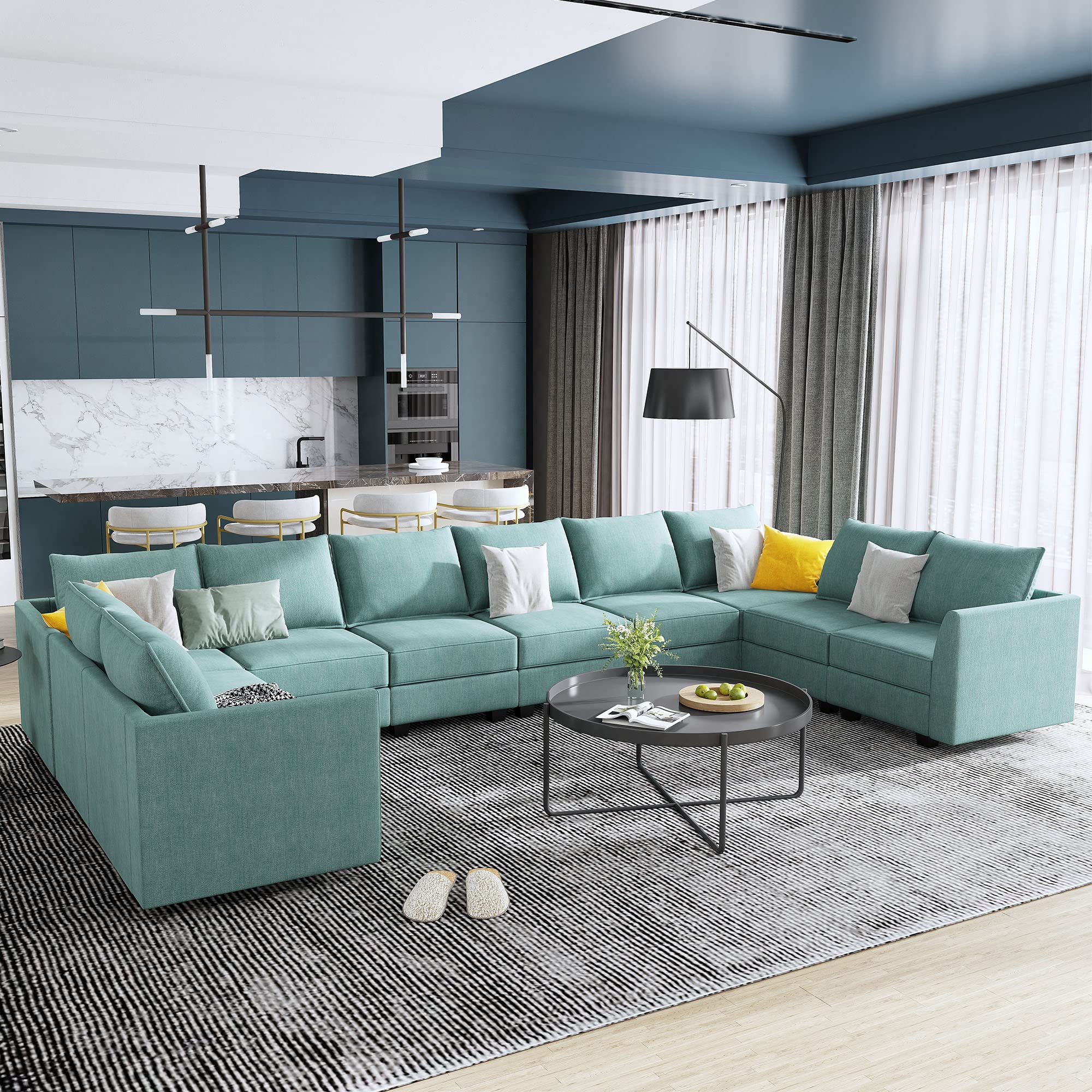 HONBAY Modular Sectional Sofa Sleeper with Chaise & Ottoman - U-Shaped Reversible L-Shaped Couch Set, Oversized Convertible Sofa Bed with Storage Seat, Aqua Blue - Perfect for Living Room, Family Room & Small Spaces