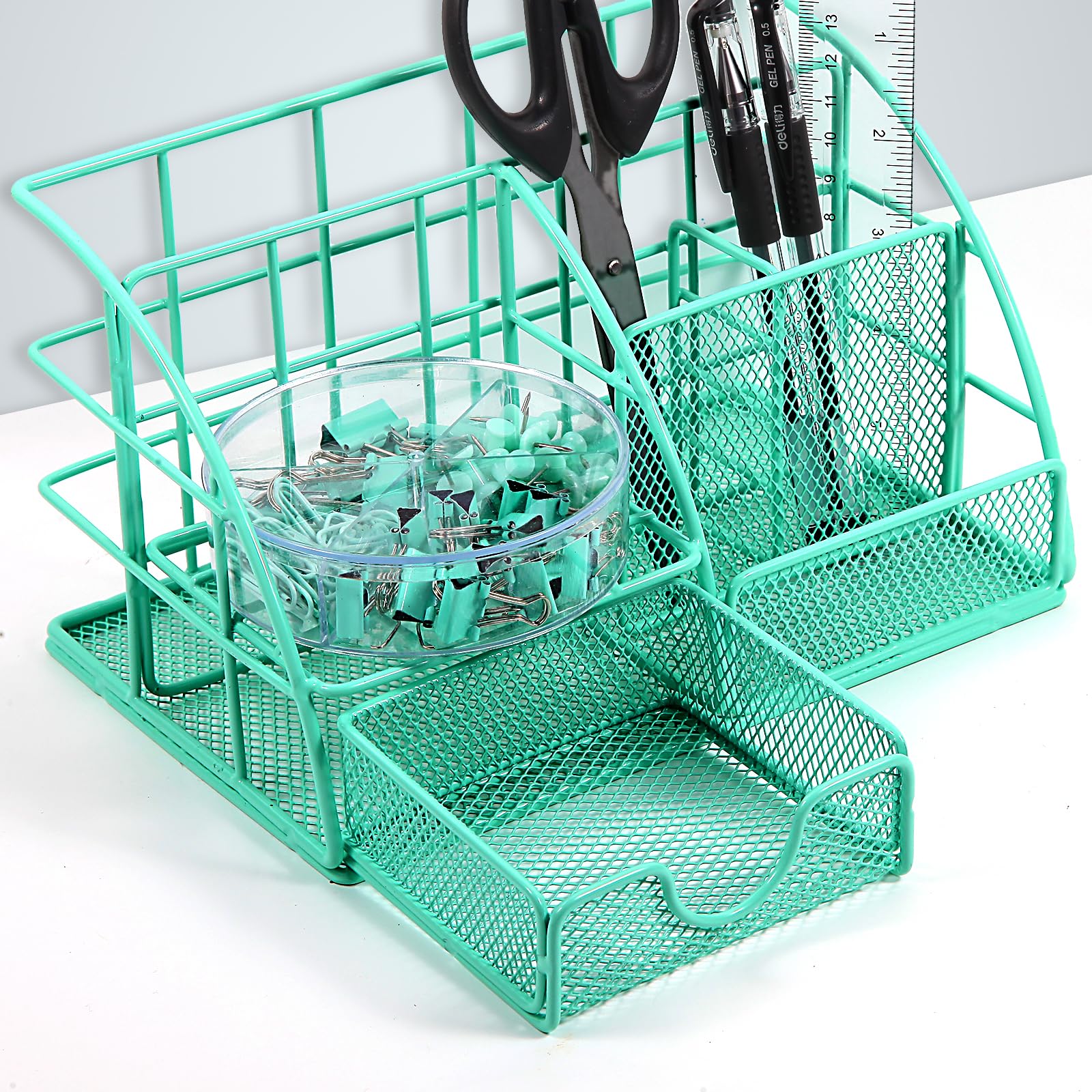 JUOPIEA Metal Mesh Desk Organizer with Pen Holder, 72 Clips Set & Phone Stand - Office Supplies Desktop Organizer with Drawer for Home, Office, School | Perfect for Workspace Organization & Study Accessories