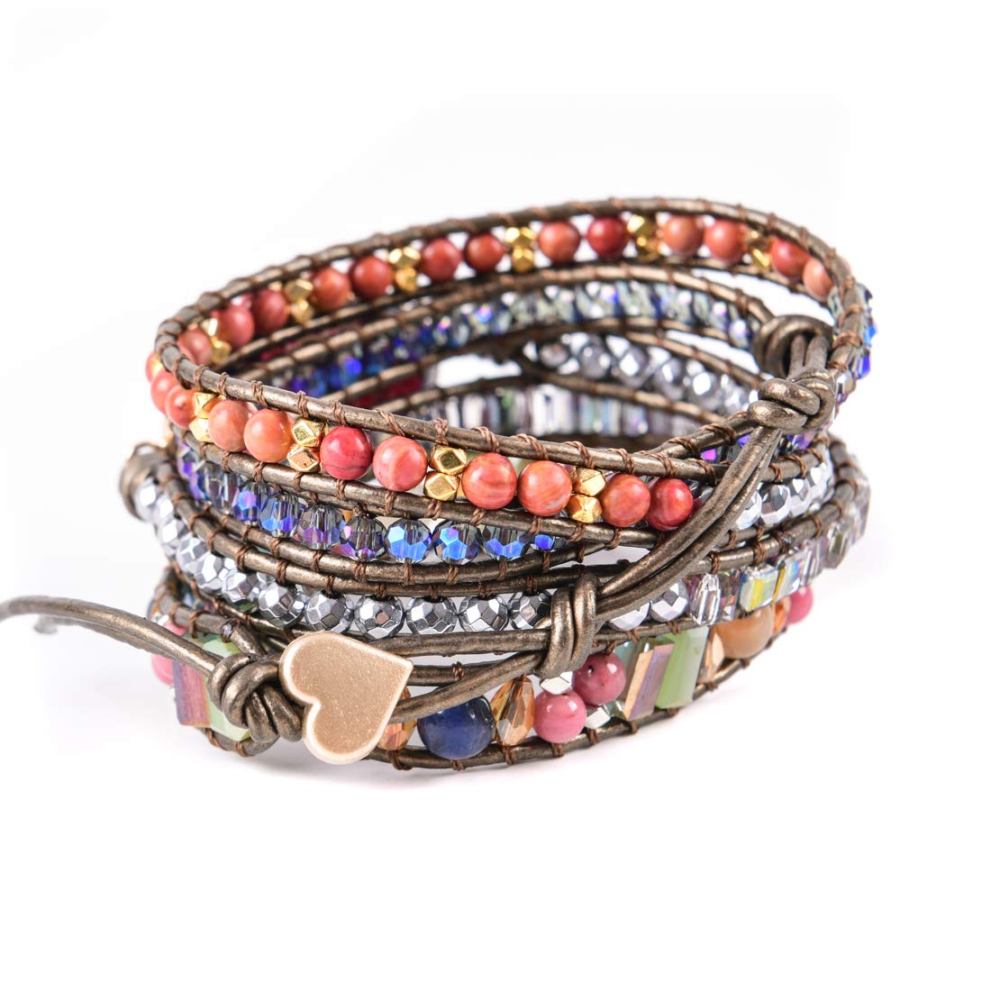YGLINE Adjustable 5-Wrap Multilayer Genuine Leather Boho Beaded Bracelet for Women - Handmade Natural Stone Bohemian Wrap Bracelet | Perfect for Festival, Beach, Yoga & Everyday Boho Chic Style