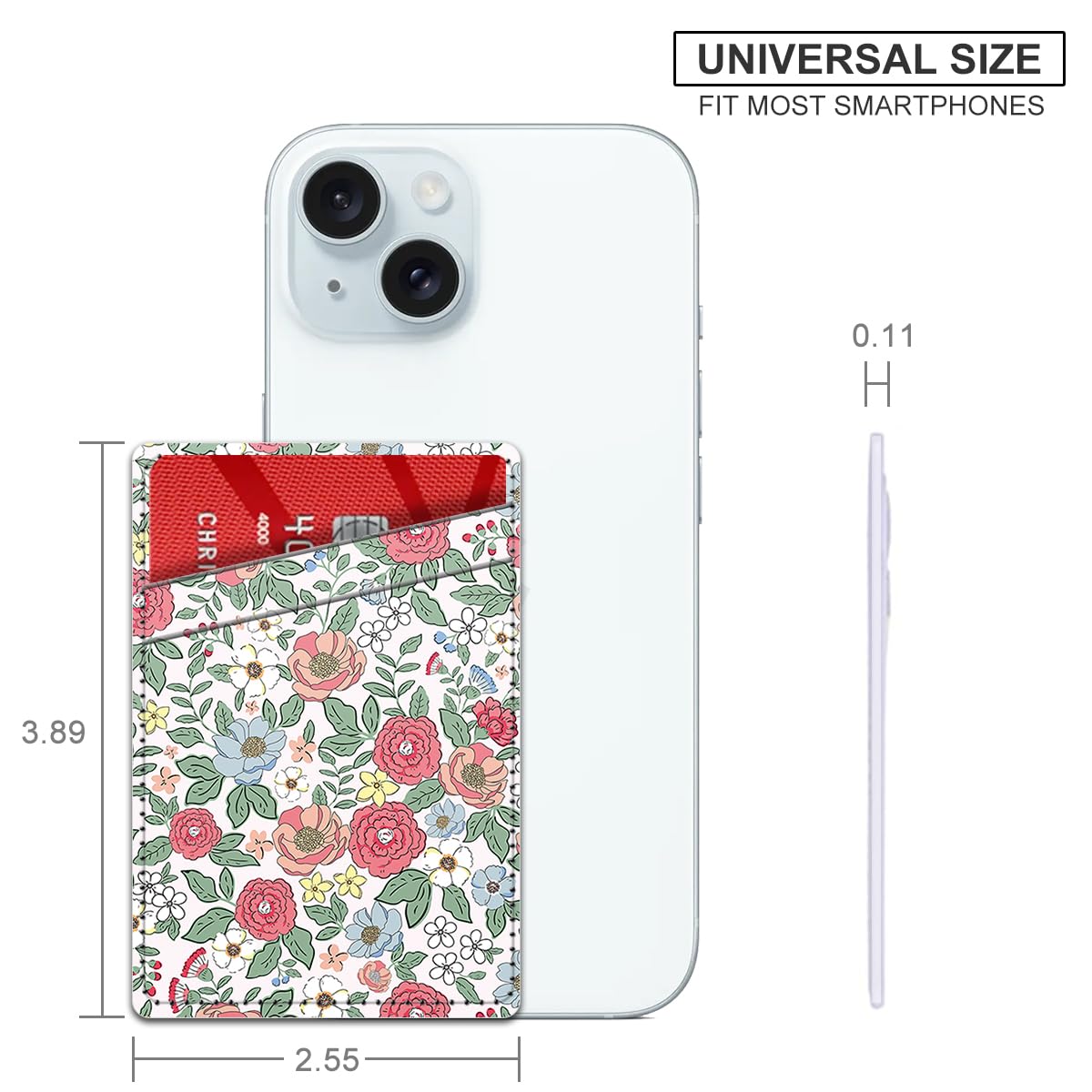 Leather Card Holder for Phone Case - Dual Pocket Stick-On Wallet for iPhone & Android - Small Flower Design - Perfect for Travel, Shopping & Everyday Use
