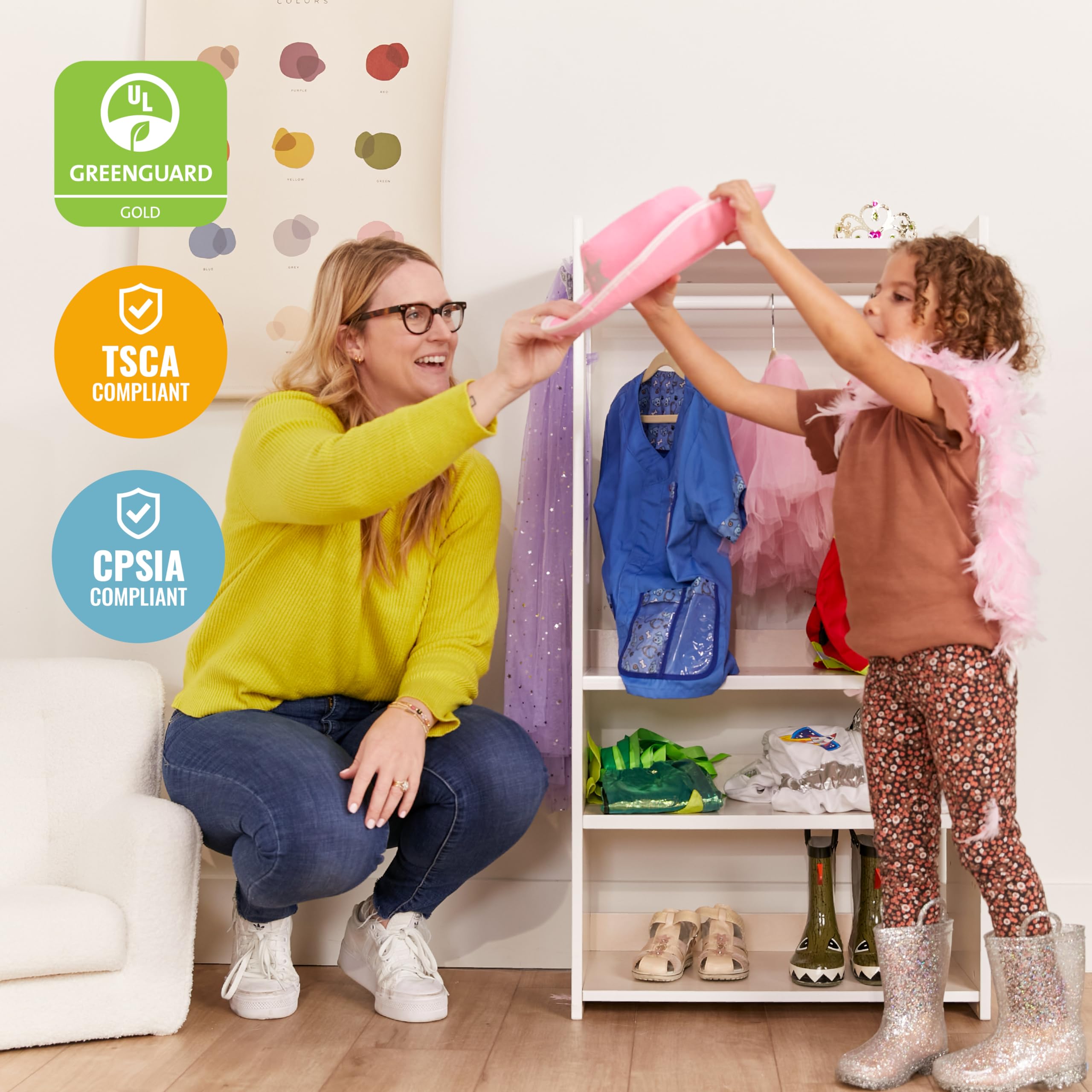 ECR4Kids TrendiTot Kids Clothing Rack - White Wash Wooden Wardrobe Organizer for Toddler Clothes & Accessories | Perfect for Bedroom, Nursery, and Playroom Storage