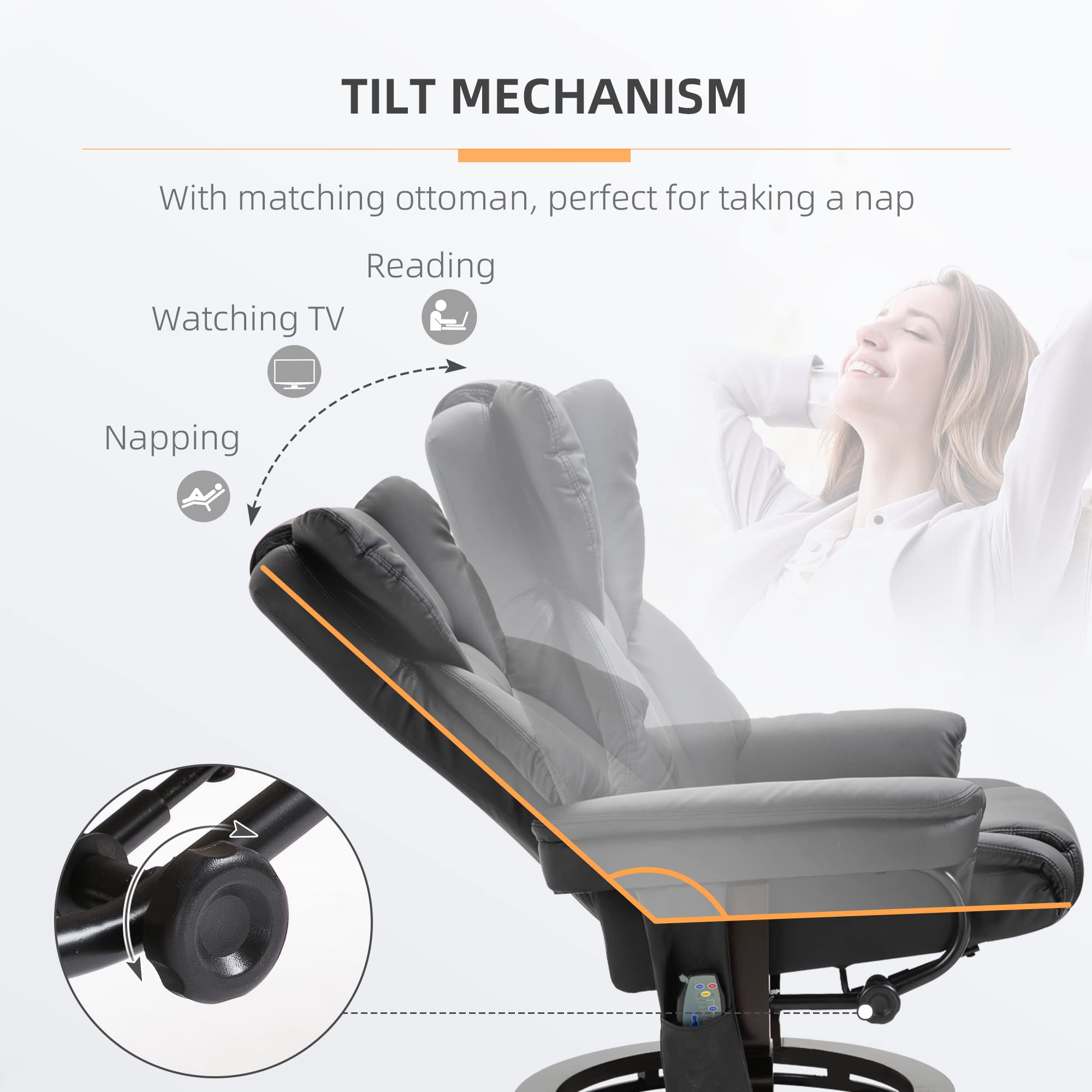 HOMCOM Massage Recliner Chair with Ottoman Footrest - 10 Vibration Points, 360° Swivel Reclining Living Room Chair - Faux Leather with Side Pocket & Remote Control - Black - Perfect for Relaxation, Home Theater & Living Room Comfort