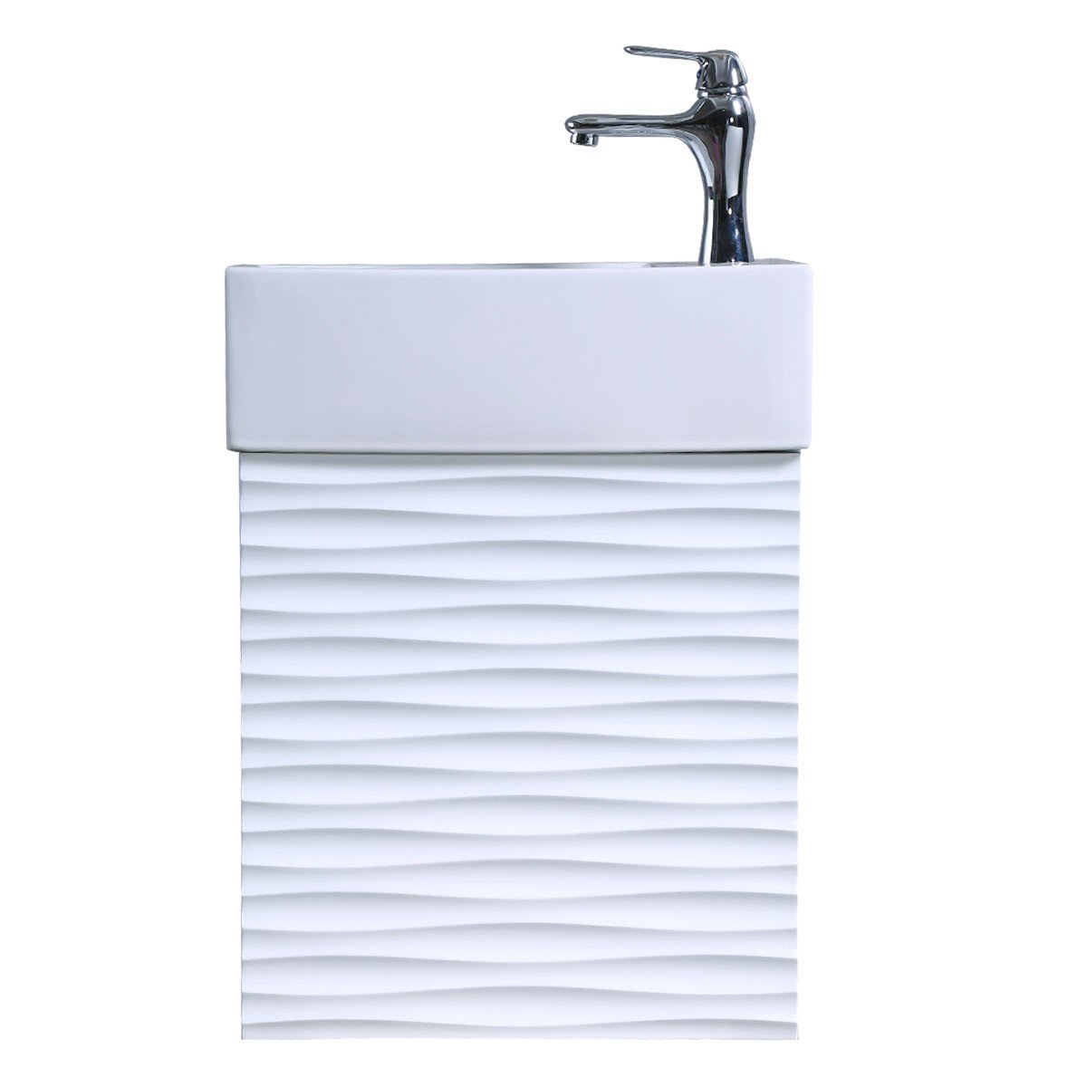 Renovators Supply Ripple Wall Mount Vanity Bathroom Sink Combo - Heavy Duty Porcelain White Vanity Cabinet with Sink, Chrome Faucet, Pop-Up Drain & Overflow - Perfect for Small Bathrooms, Powder Rooms & Space-Saving Designs
