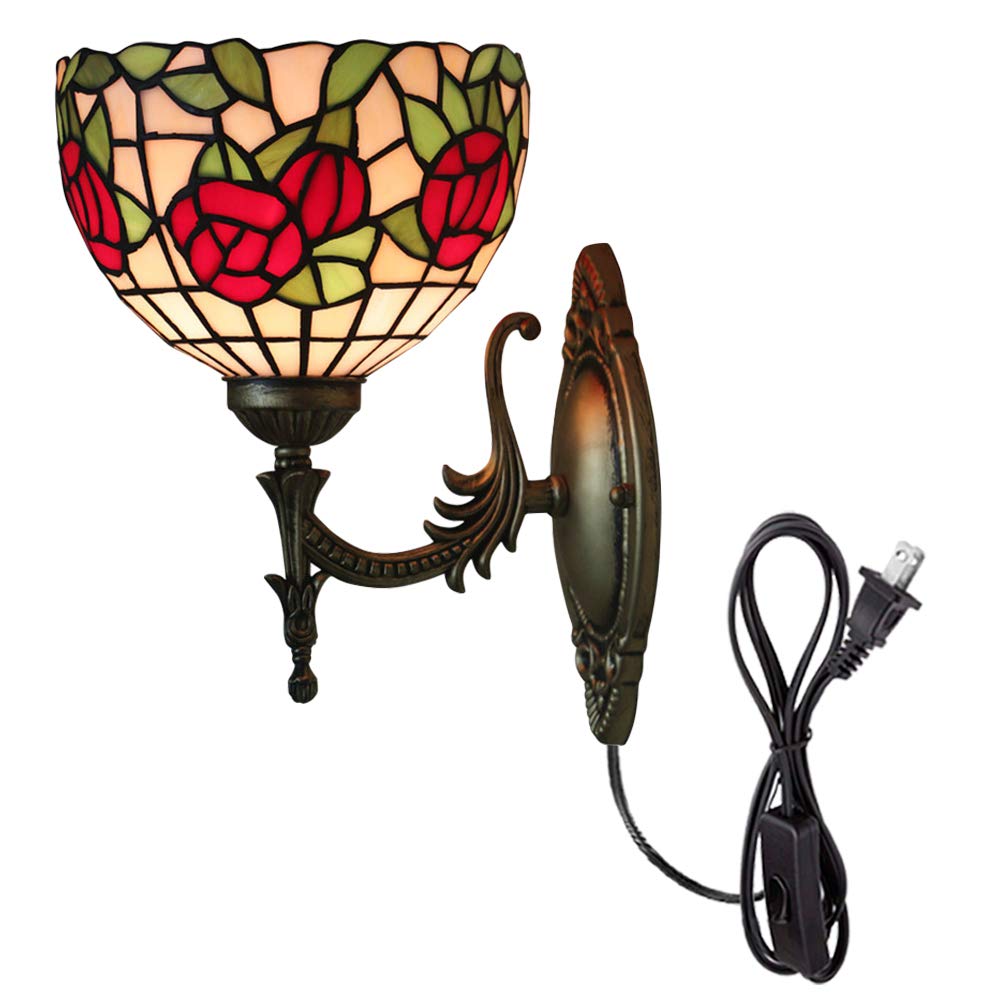 Tiffany Style Upward Wall Mount Lamp - Industrial Vintage Gooseneck Wall Sconce with Plug-in Cord & Switch | Perfect for Bedroom Nightstand, Living Room, Church Stained Glass Decor | Durable No-Fading Design for Home & Commercial Lighting