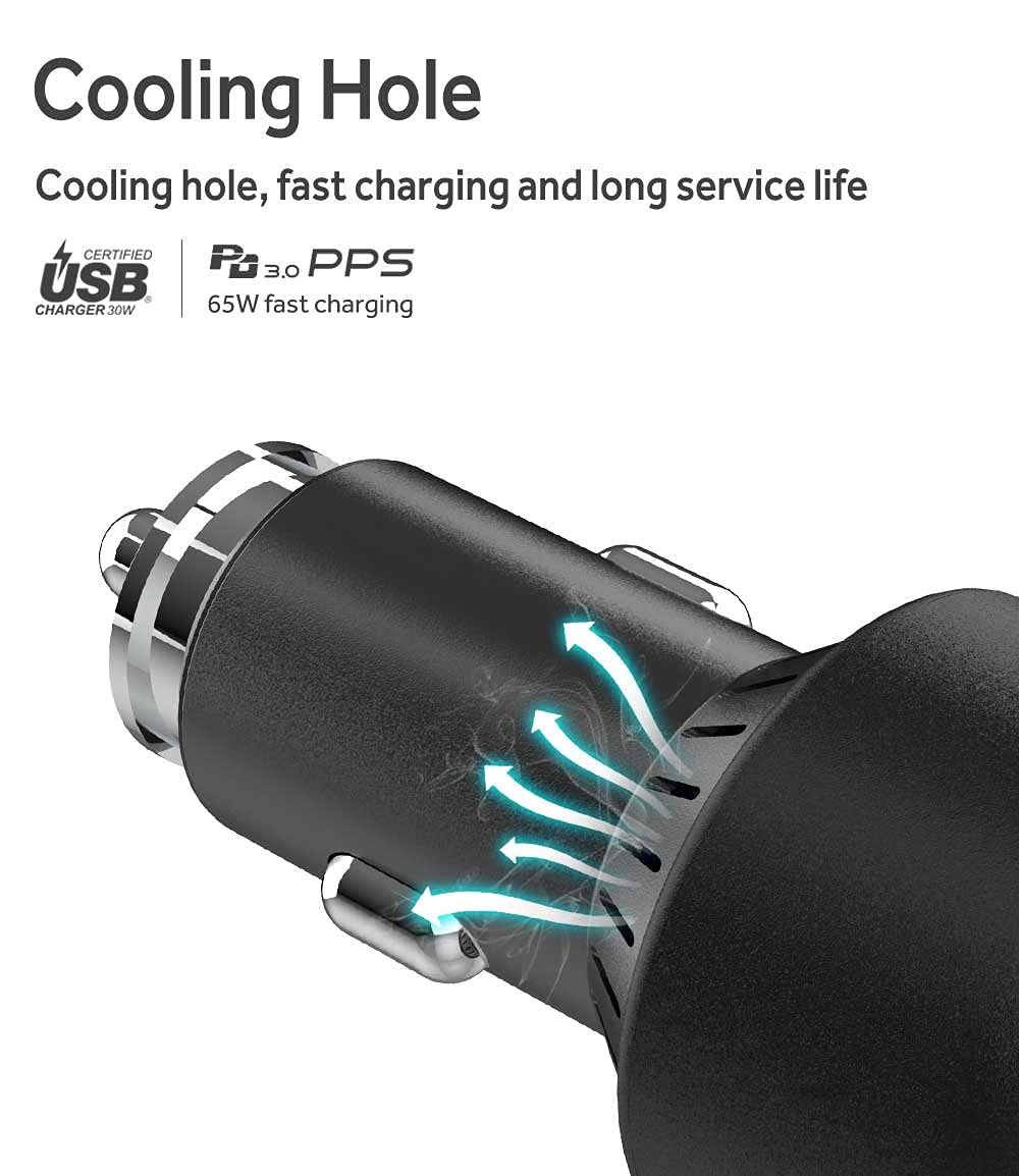 95W 3-Port USB C Fast Car Charger with 65W/30W PPS PD - Type C & QC3.0 Metal USB Car Adapter for iPhone 15/14 Pro Max, Samsung S21/S10/Note10/20, iPad & MacBook - Fast Charging on Road Trips & Commutes