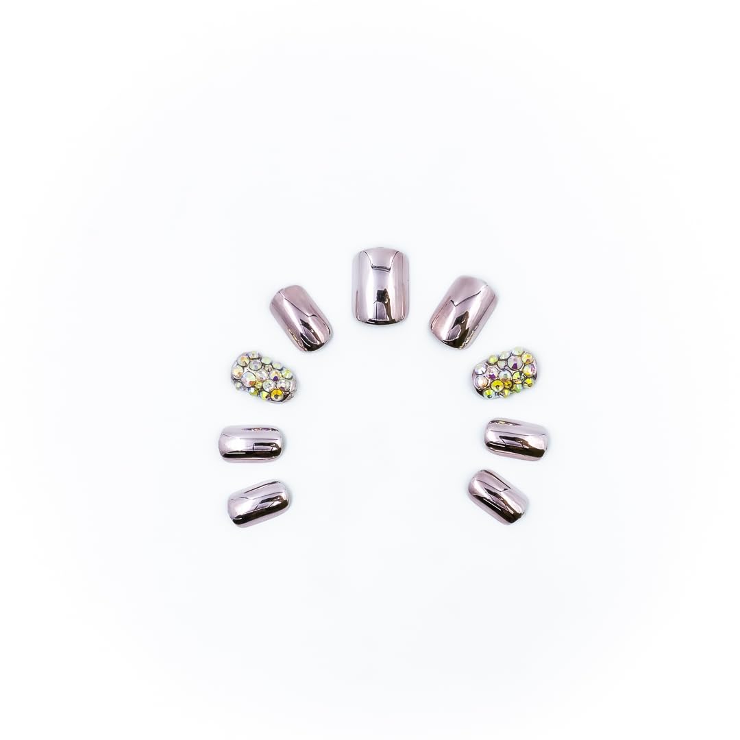 FLAP BEAUTY® 24PCS Reusable False Nails Set - Rose Gold with Rhinestones, Long Lasting Artificial Nails for Women & Girls | Perfect for Parties, Weddings, and Special Occasions